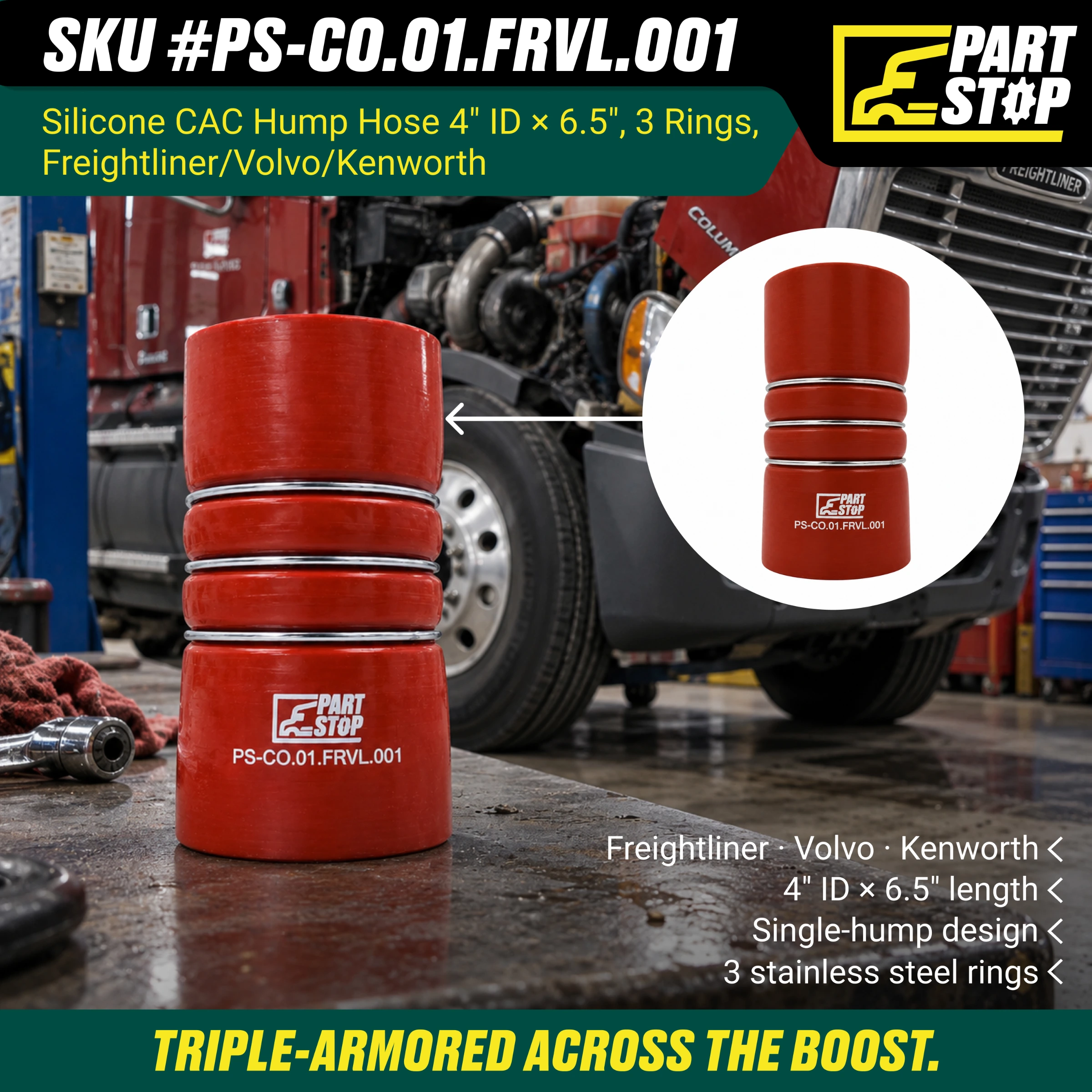 Silicone CAC Hump Hose - 4" ID x 6.5" Length with 3 Stainless Steel Rings - Fits Freightliner, Volvo & Kenworth 0116541005 — infographic