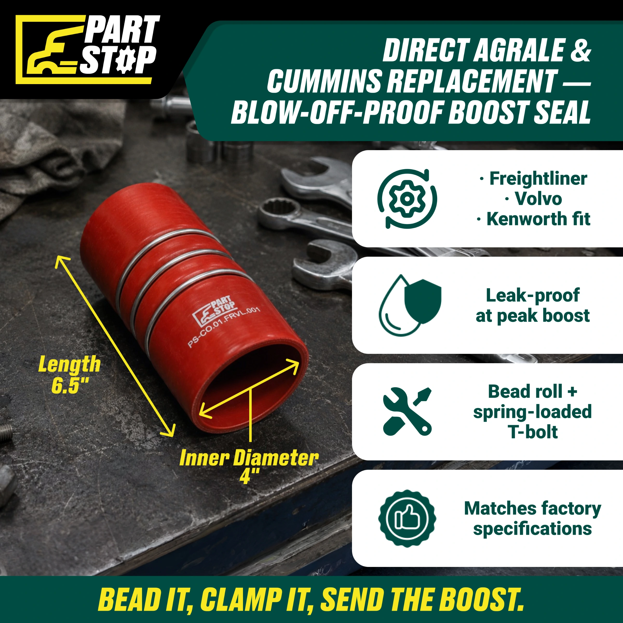 Silicone CAC Hump Hose - 4" ID x 6.5" Length with 3 Stainless Steel Rings - Fits Freightliner, Volvo & Kenworth 0116541005 — infographic