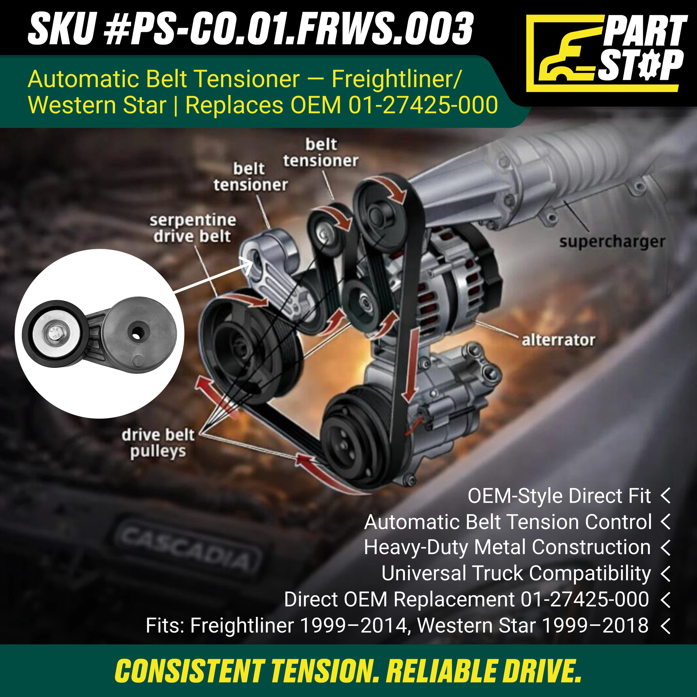 Belt Tensioner Fits Freightliner Western Star DD13 DD15 0127425000 , 01-27425-000 — infographic