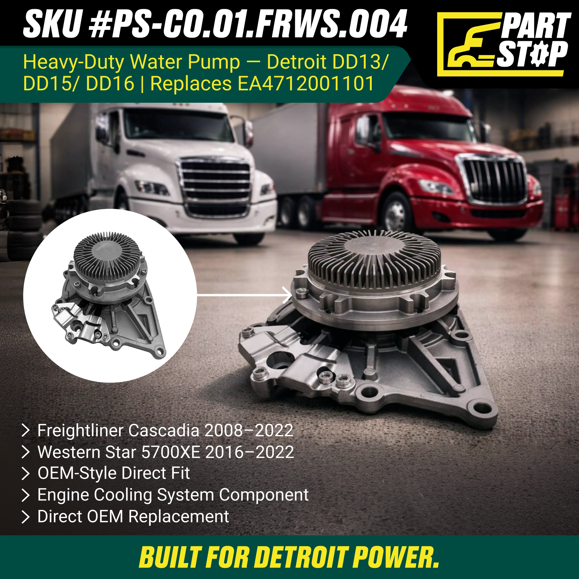 Water Pump for Freightliner Cascadia Western Star Heavy-Duty EA4712001101 — infographic