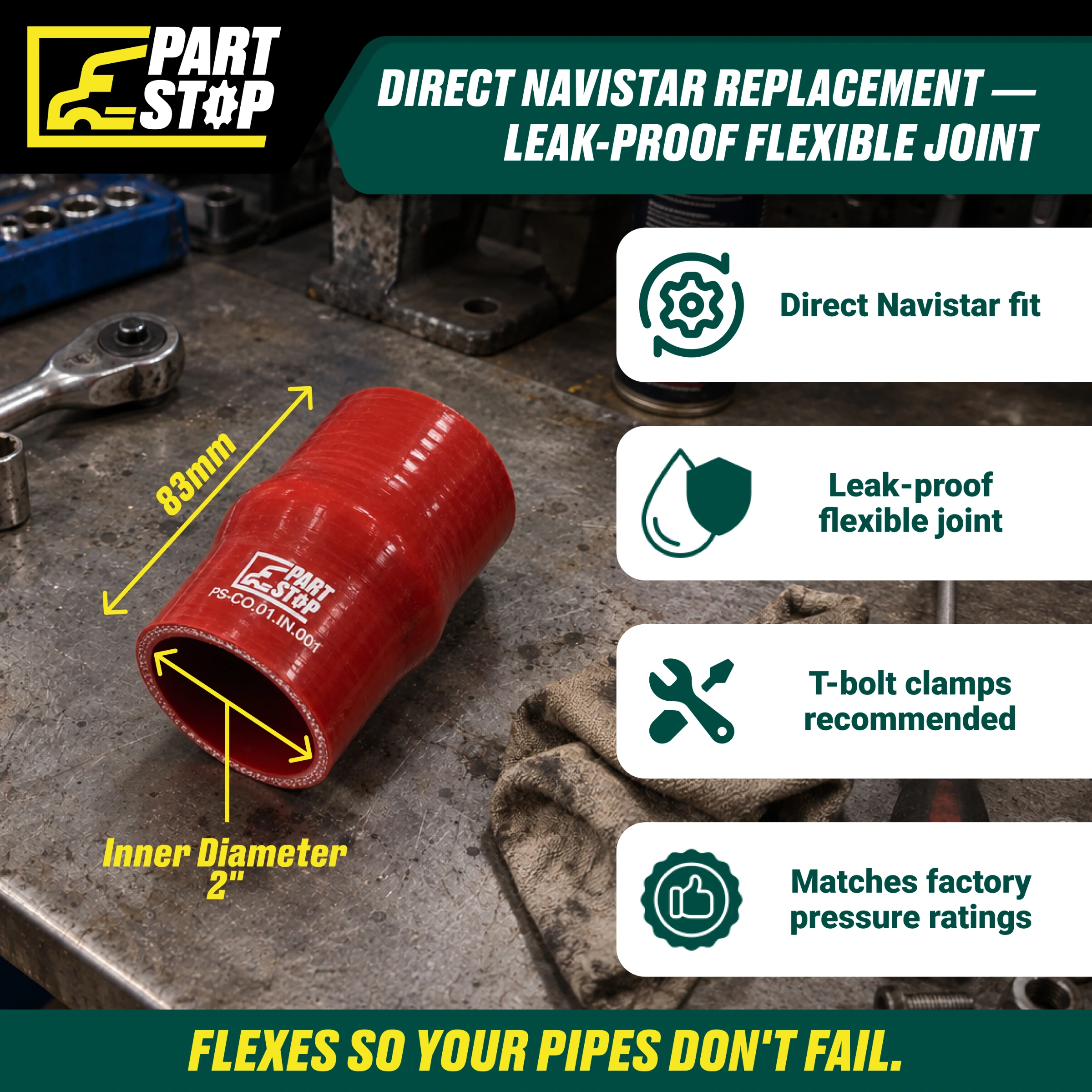 Silicone Hump Hose - 2" ID x 83mm Length - High-Pressure Flexible Coupler for International (Navistar) F02495S352 — infographic