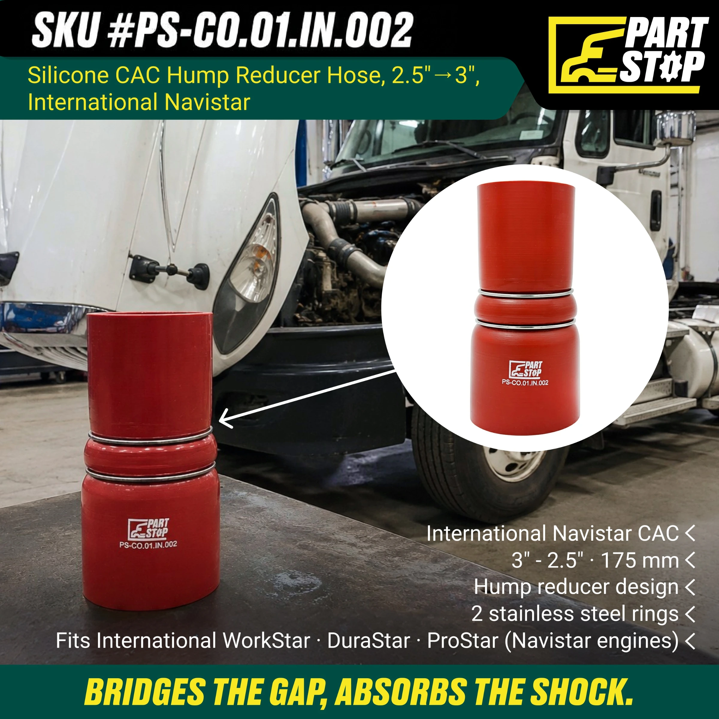Silicone Hump Reducer Hose - 2.5" to 3" ID - 175mm Length with 2 Stainless Steel Rings - Fits International (Navistar) F02496S352 — infographic