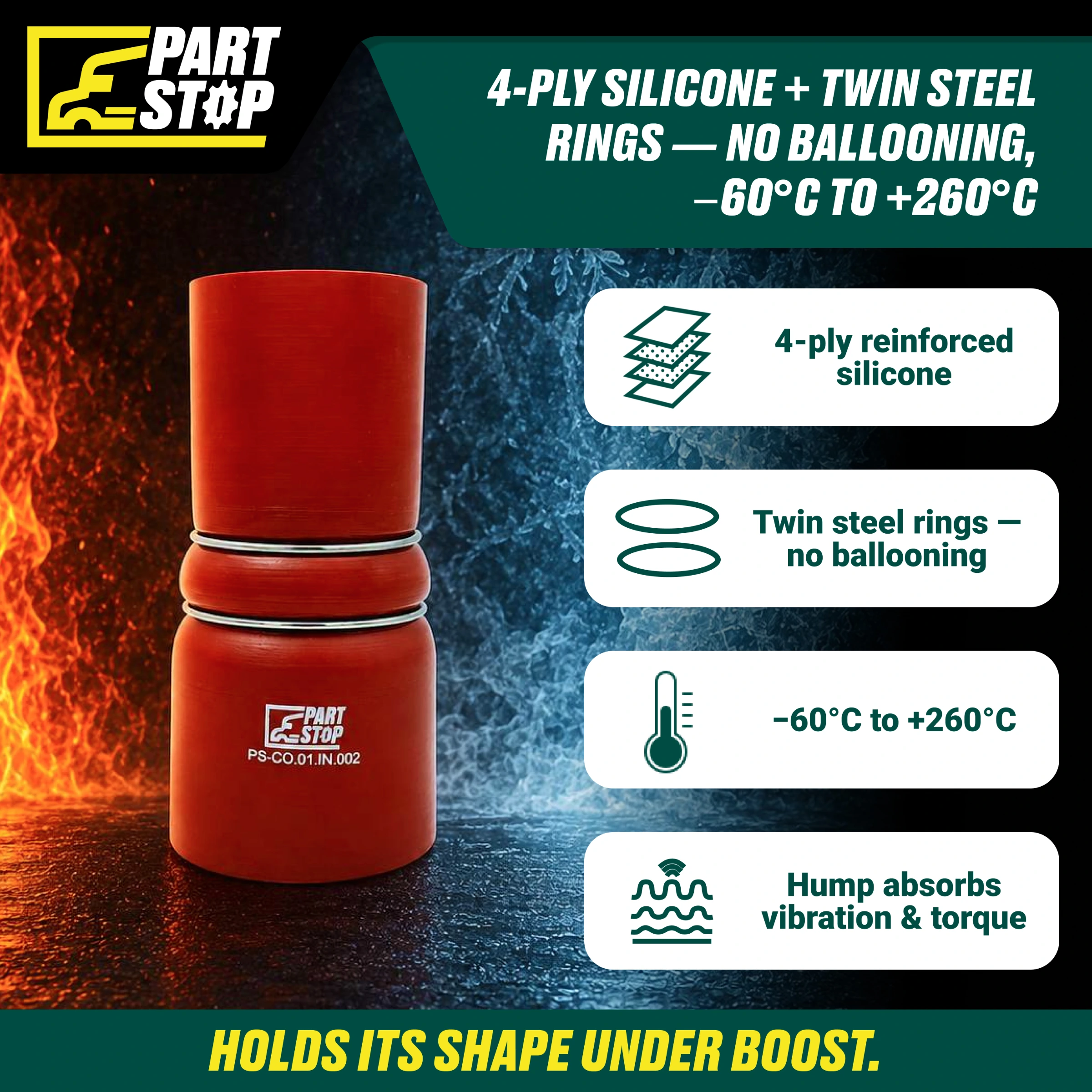 Silicone Hump Reducer Hose - 2.5" to 3" ID - 175mm Length with 2 Stainless Steel Rings - Fits International (Navistar) F02496S352 — infographic