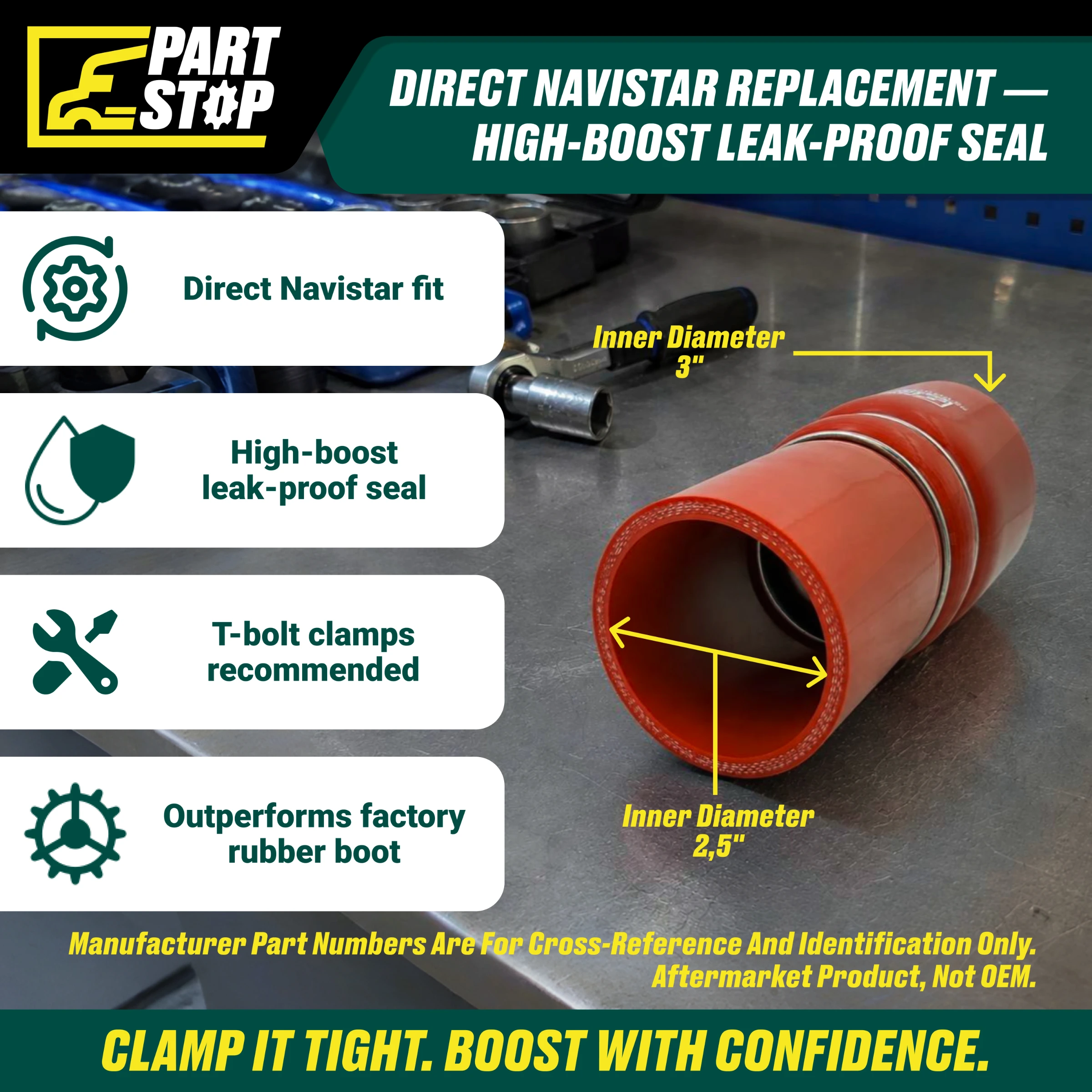 Silicone Hump Reducer Hose - 2.5" to 3" ID - 175mm Length with 2 Stainless Steel Rings - Fits International (Navistar) F02496S352 — infographic