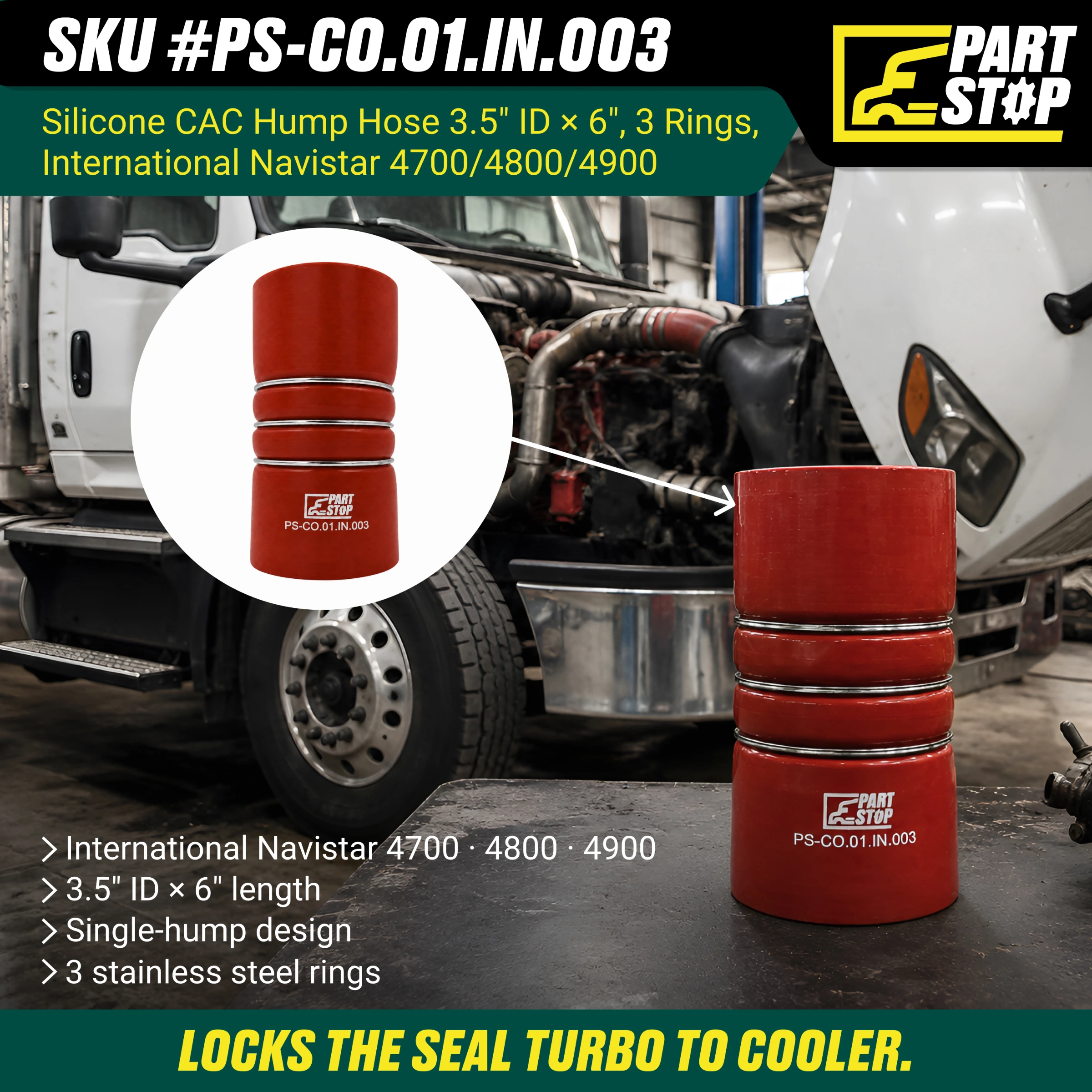 Silicone CAC Hump Hose - 3.5" ID x 6" Length with 3 Stainless Steel Rings - Fits International (Navistar) 4700, 4800, 4900 F02497S352 1658485C1 — infographic