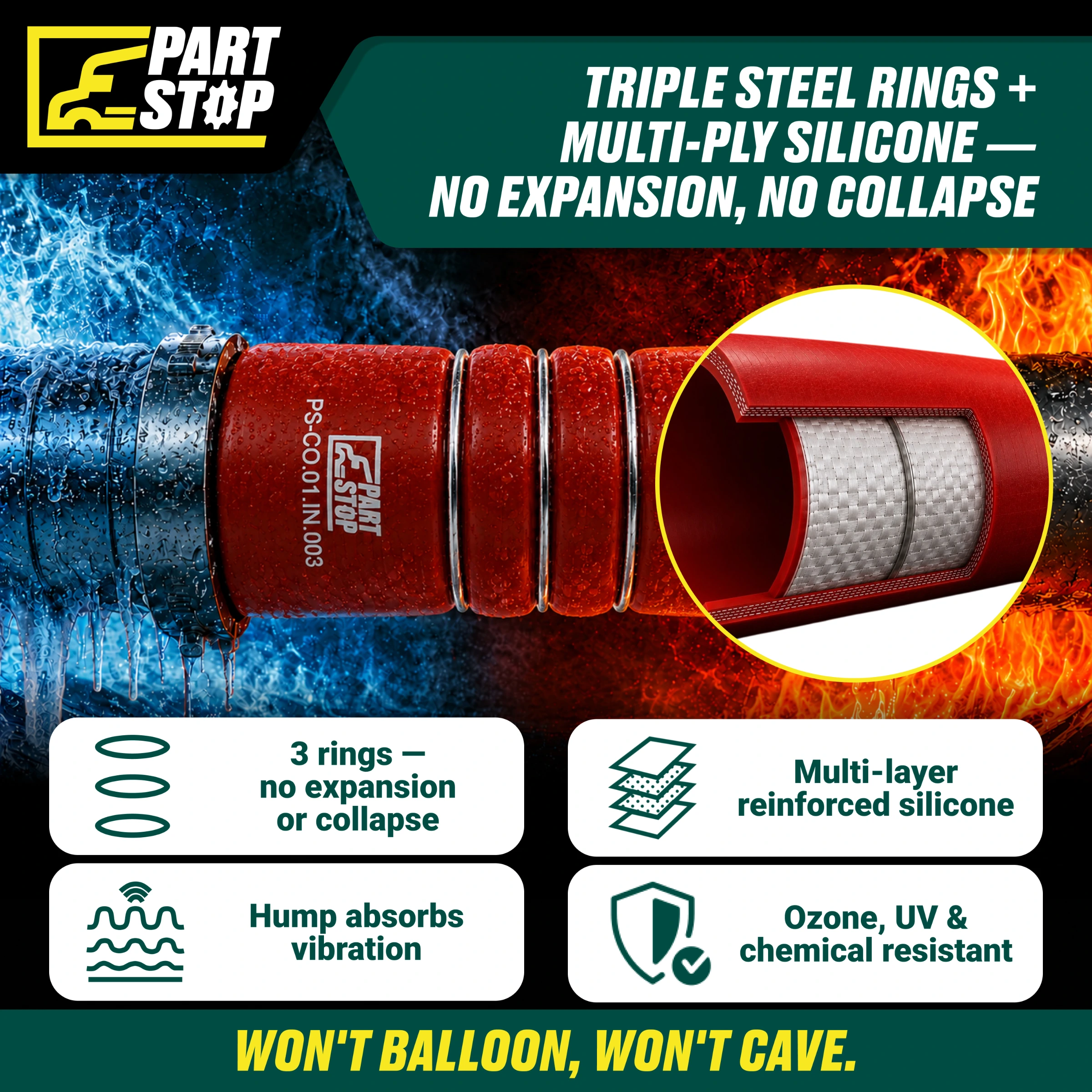 Silicone CAC Hump Hose - 3.5" ID x 6" Length with 3 Stainless Steel Rings - Fits International (Navistar) 4700, 4800, 4900 F02497S352 1658485C1 — infographic