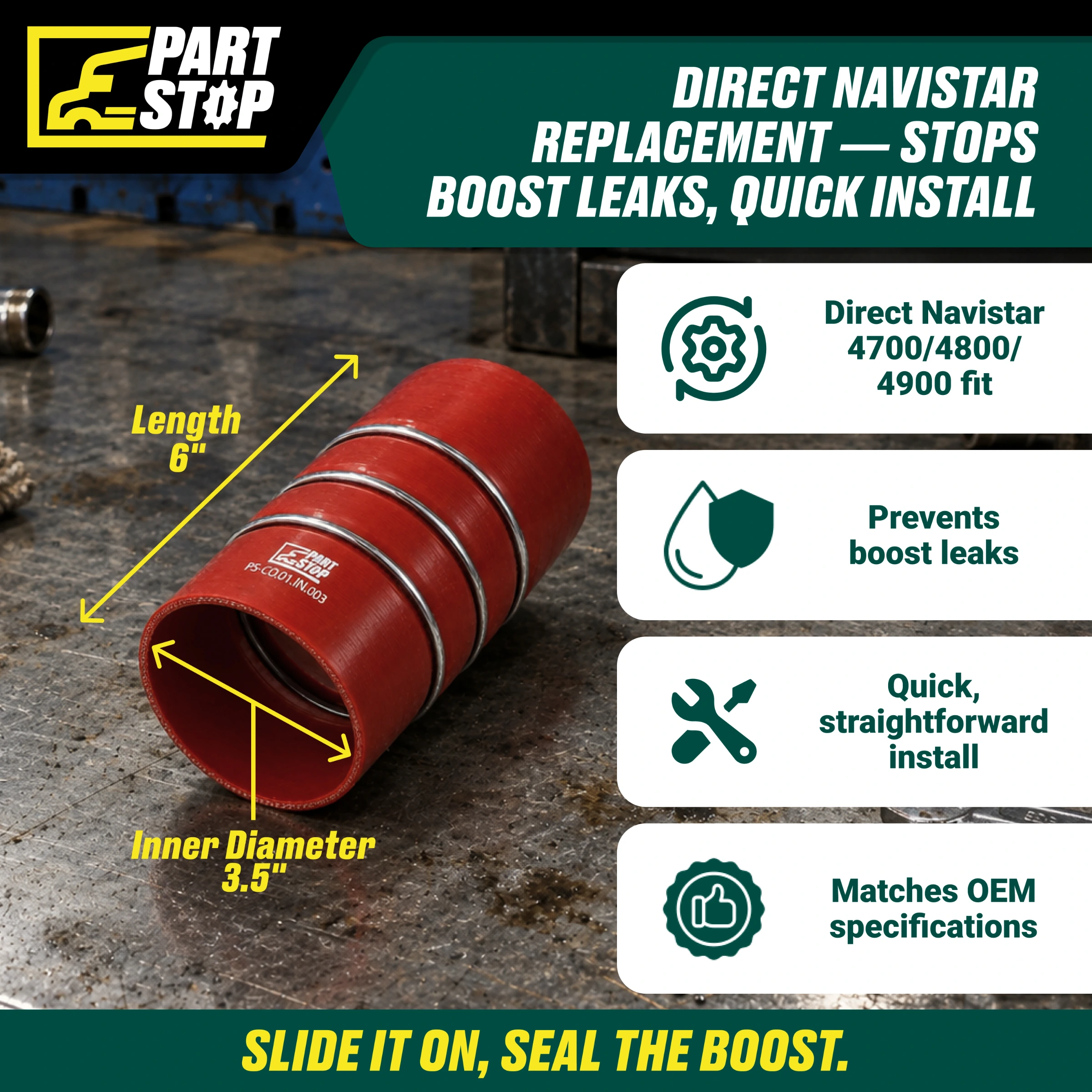 Silicone CAC Hump Hose - 3.5" ID x 6" Length with 3 Stainless Steel Rings - Fits International (Navistar) 4700, 4800, 4900 F02497S352 1658485C1 — infographic