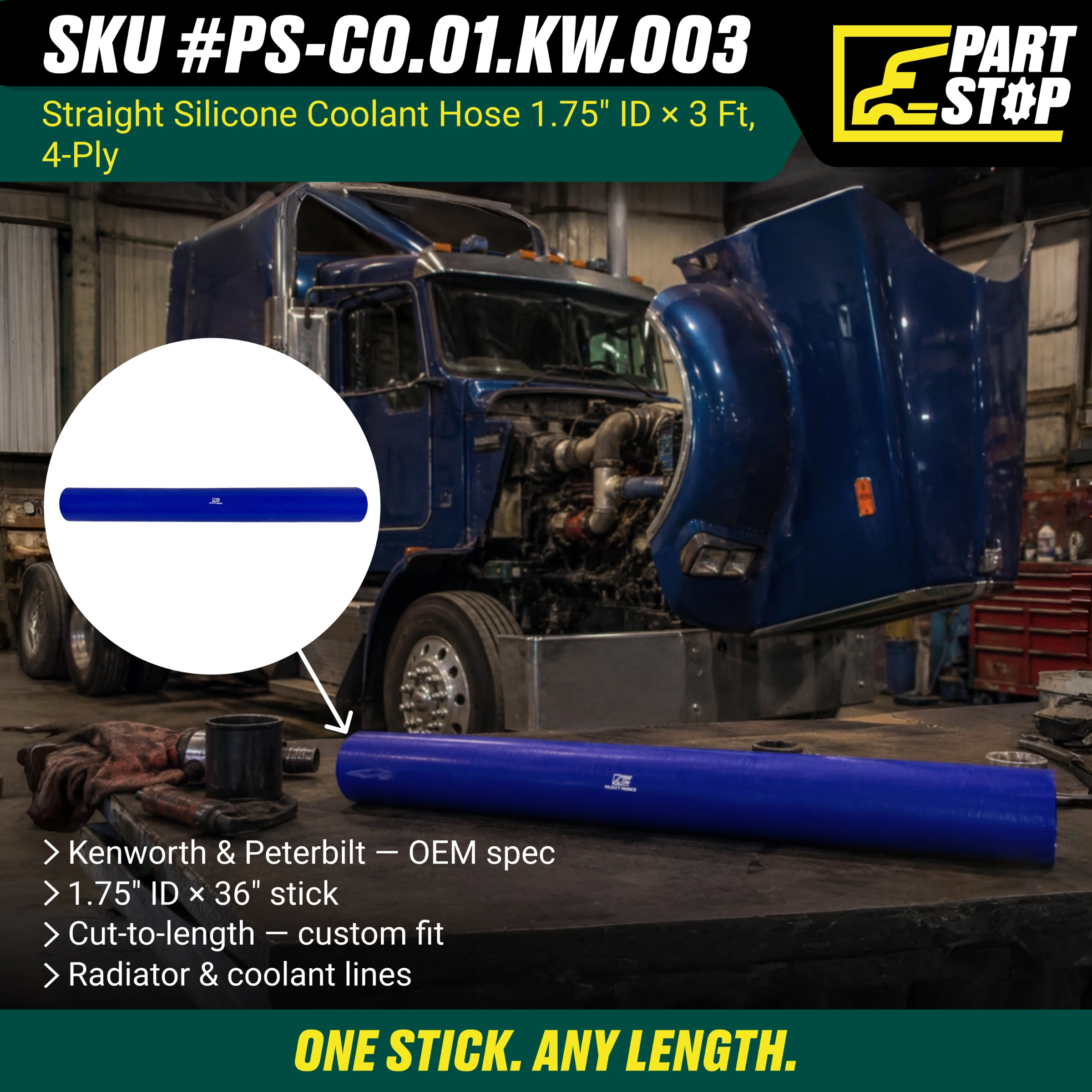 Straight Silicone Coolant Hose - 1.75" ID x 3ft Stick - 4-Ply Reinforced - Fits Kenworth & Peterbilt F02504S352 — infographic