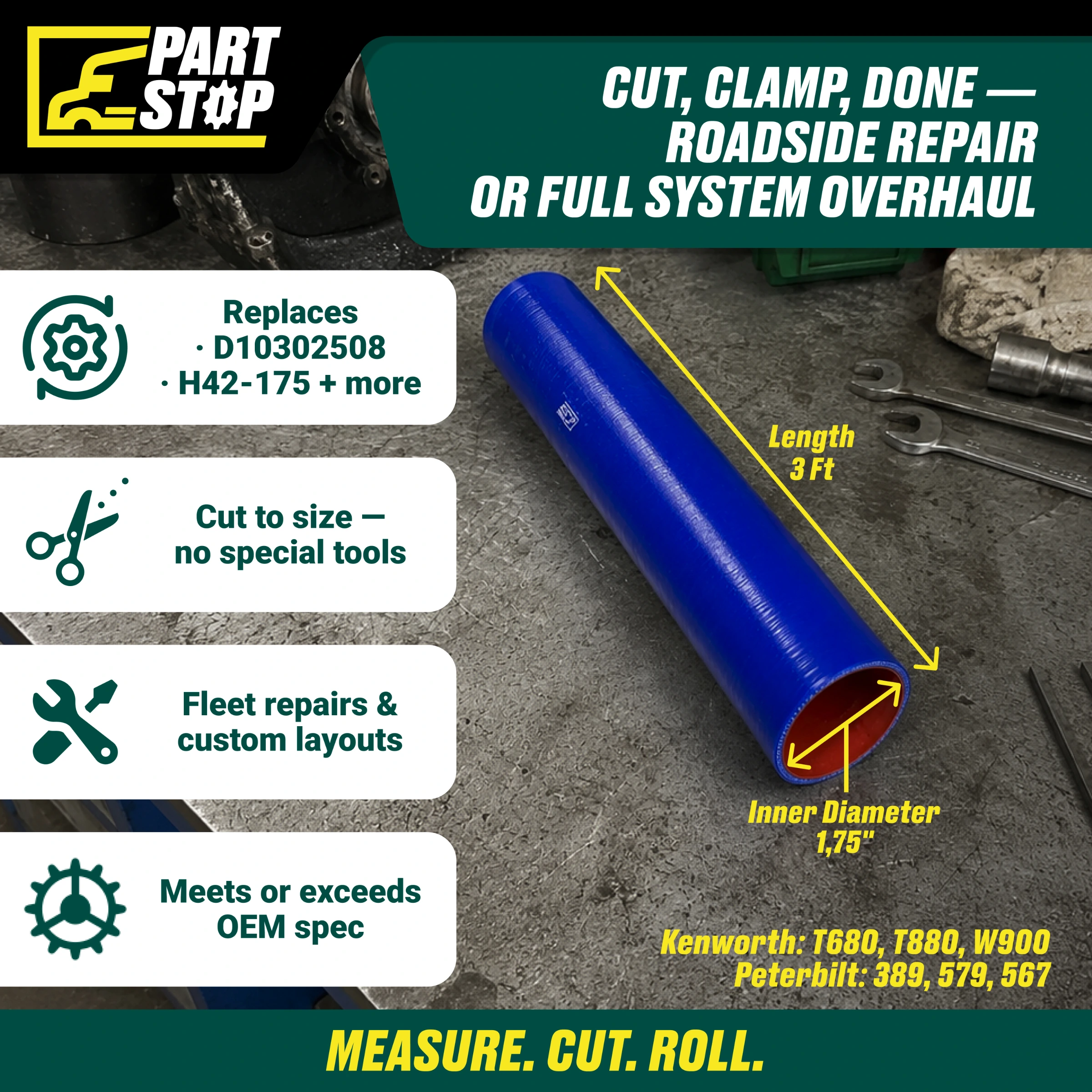 Straight Silicone Coolant Hose - 1.75" ID x 3ft Stick - 4-Ply Reinforced - Fits Kenworth & Peterbilt F02504S352 — infographic
