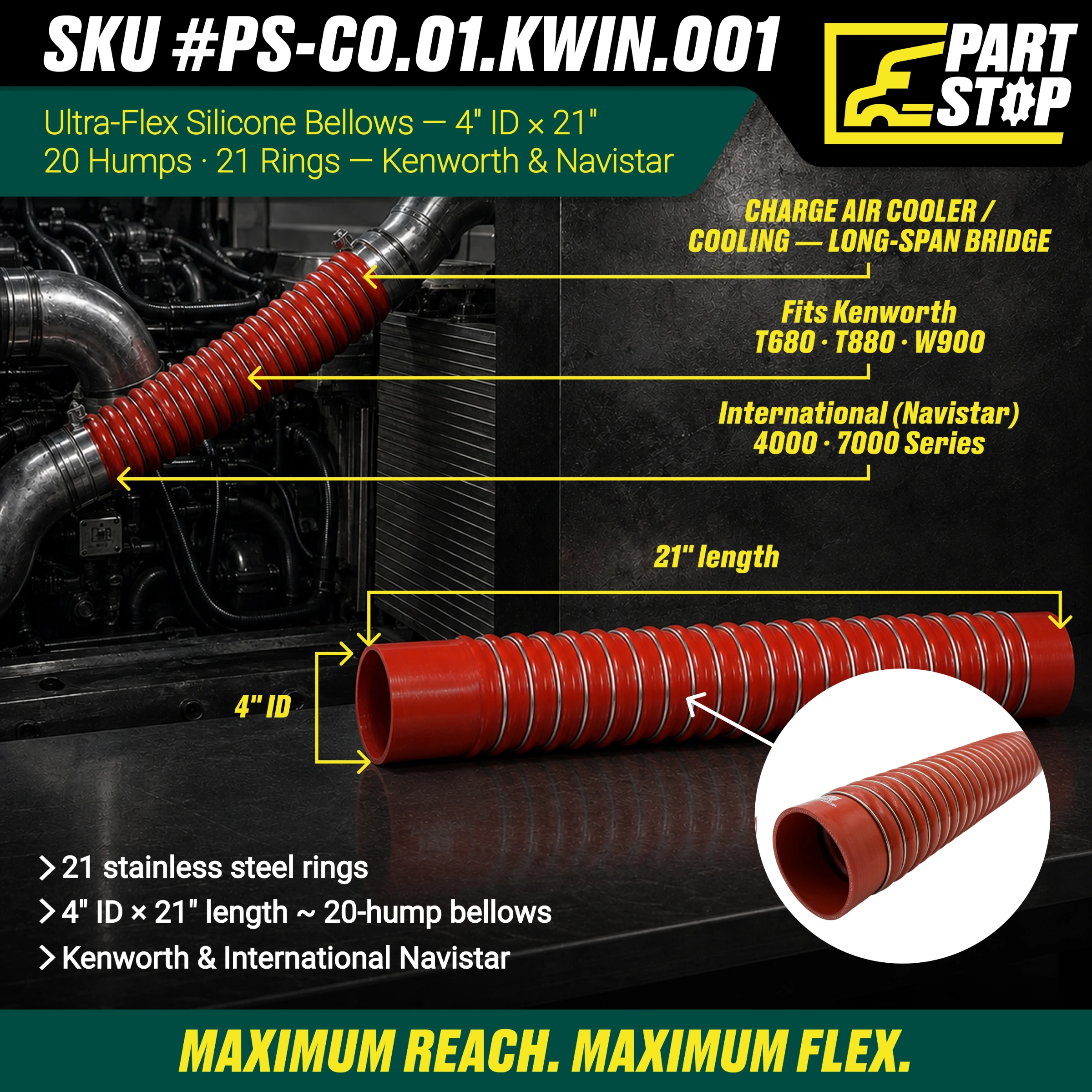 Ultra-Flex Silicone Bellows Hose - 4" ID x 21" Length - 20-Hump with 21 Stainless Steel Rings - Fits Kenworth & International F02500S352 4538157R1 — infographic