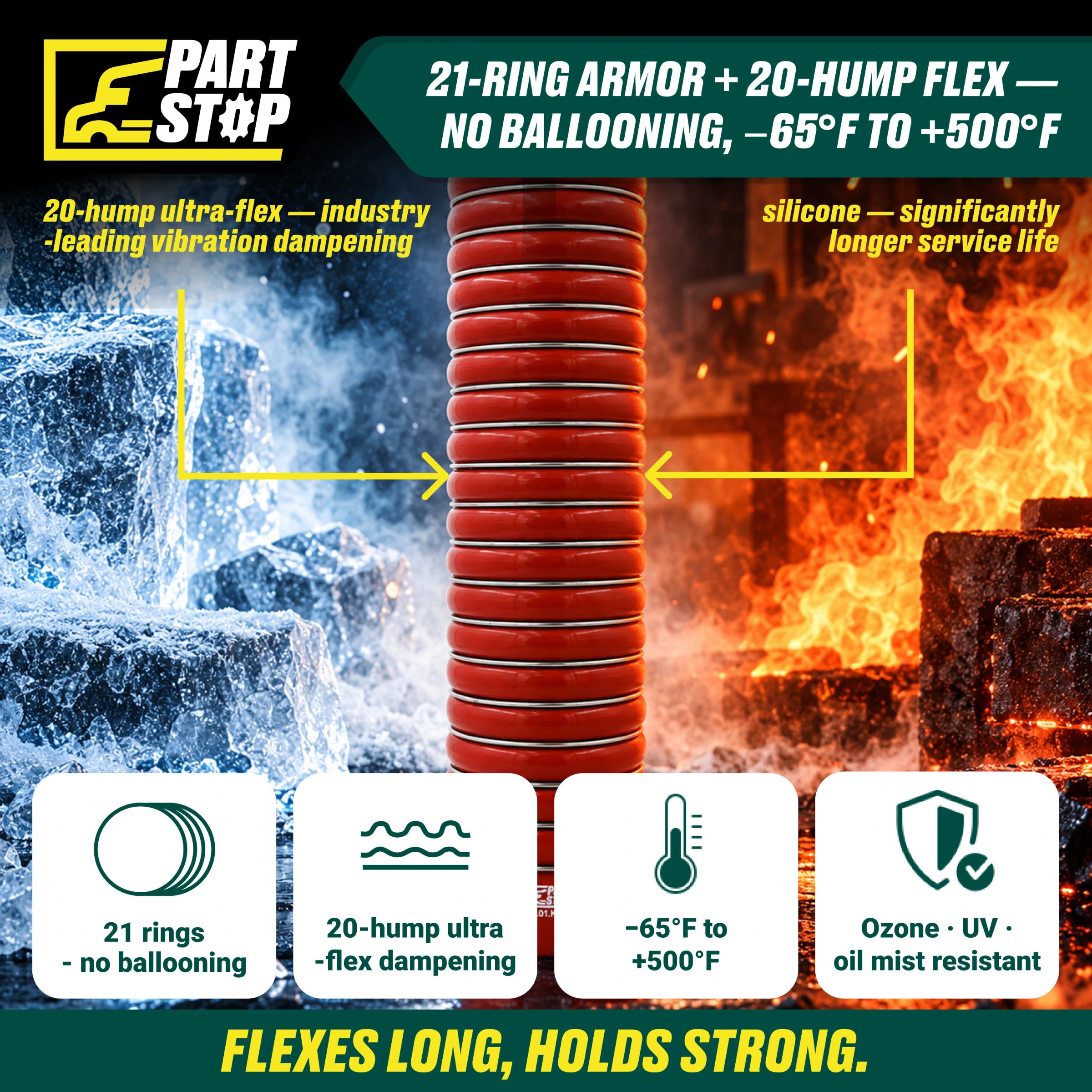 Ultra-Flex Silicone Bellows Hose - 4" ID x 21" Length - 20-Hump with 21 Stainless Steel Rings - Fits Kenworth & International F02500S352 4538157R1 — infographic