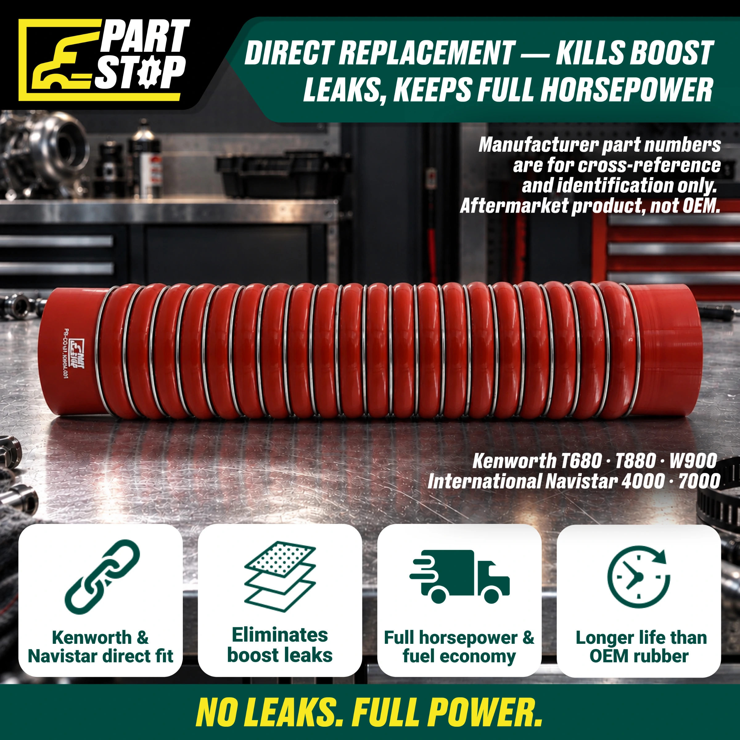 Ultra-Flex Silicone Bellows Hose - 4" ID x 21" Length - 20-Hump with 21 Stainless Steel Rings - Fits Kenworth & International F02500S352 4538157R1 — infographic