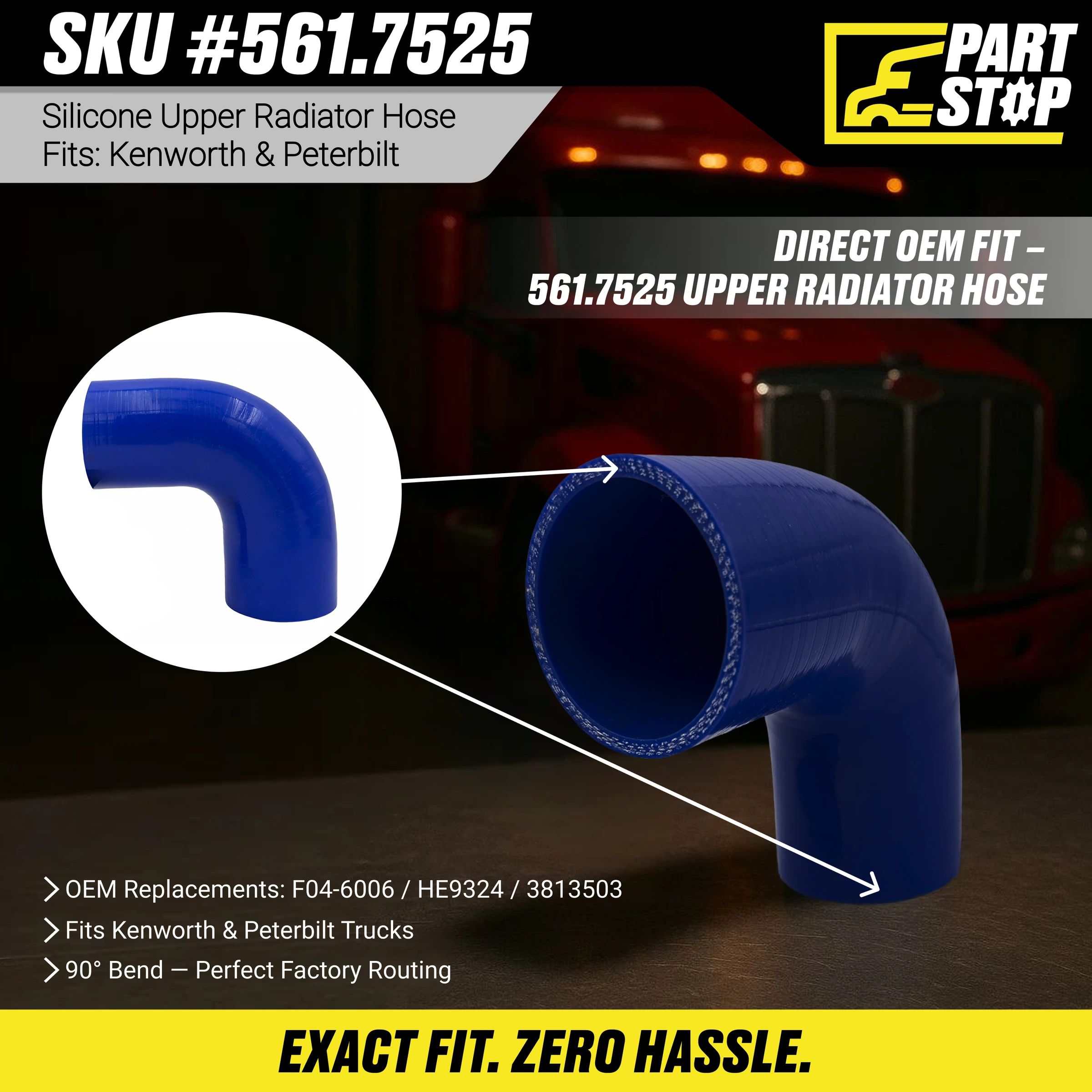 Upper Radiator Hose 2.5"  , Fit Kenworth and Peterbild HE9324, 561.75250 , F046006 — infographic