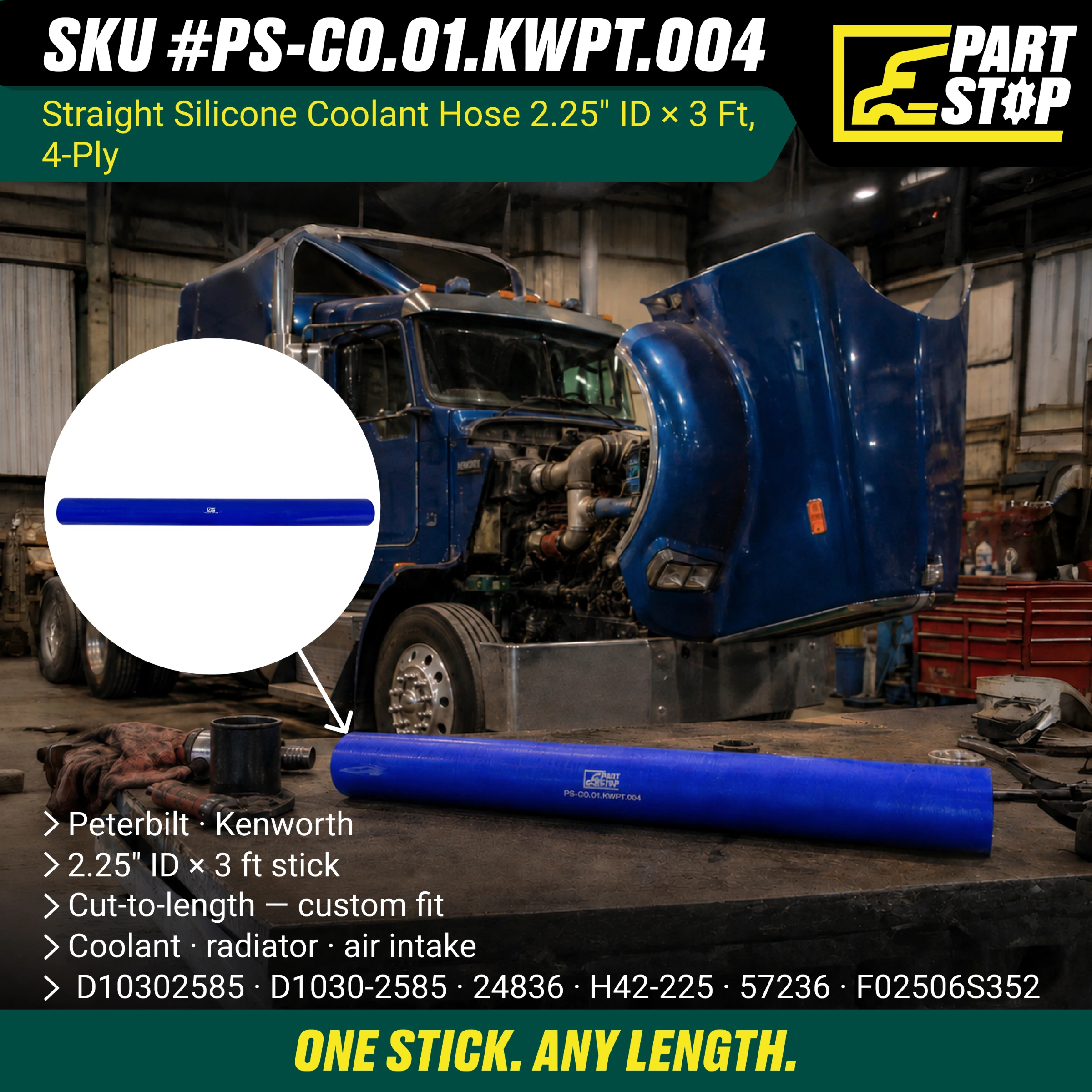 Straight Silicone Coolant Hose - 2.25" ID x 3ft Stick - 4-Ply Reinforced - Fits Kenworth & Peterbilt F02506S352 — infographic