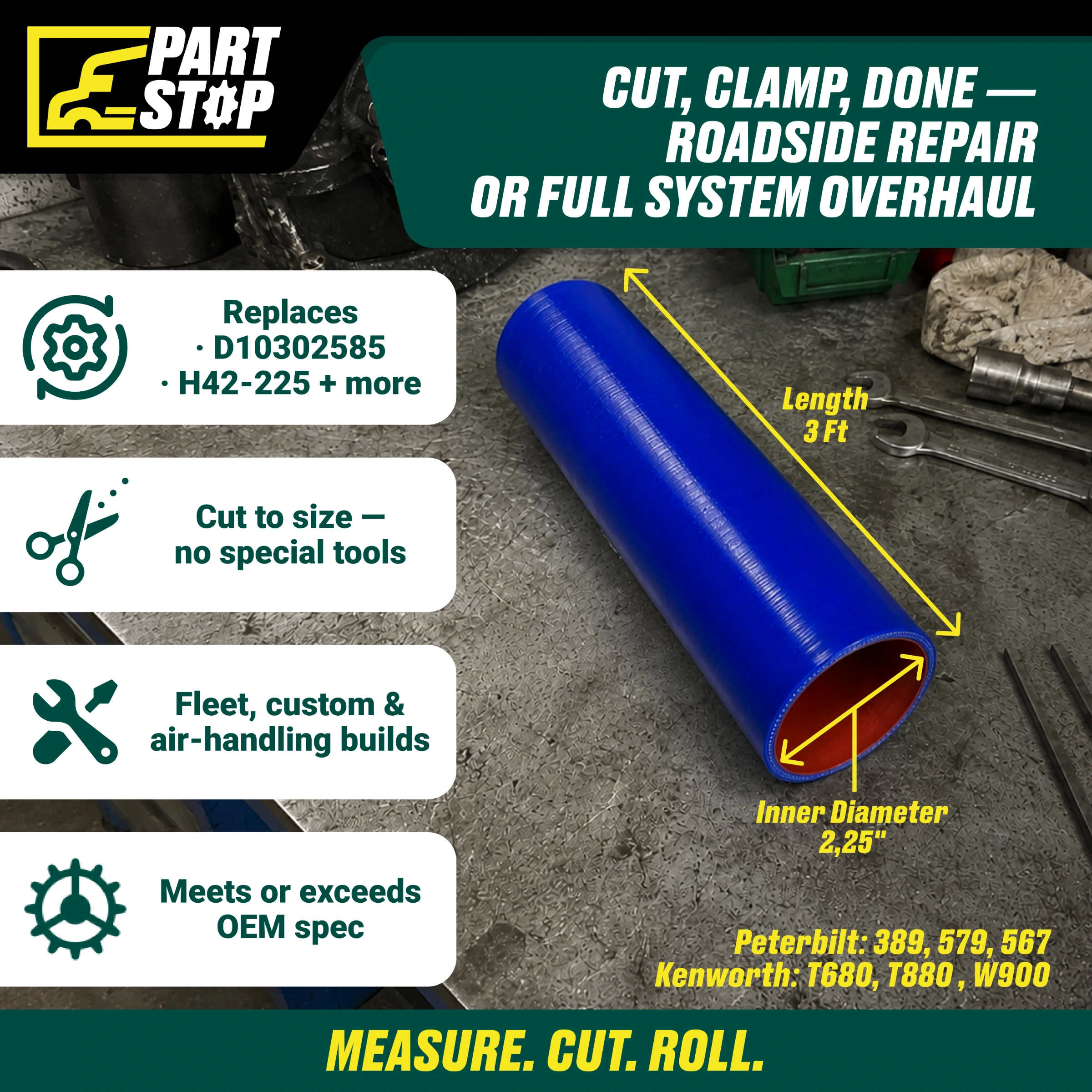 Straight Silicone Coolant Hose - 2.25" ID x 3ft Stick - 4-Ply Reinforced - Fits Kenworth & Peterbilt F02506S352 — infographic