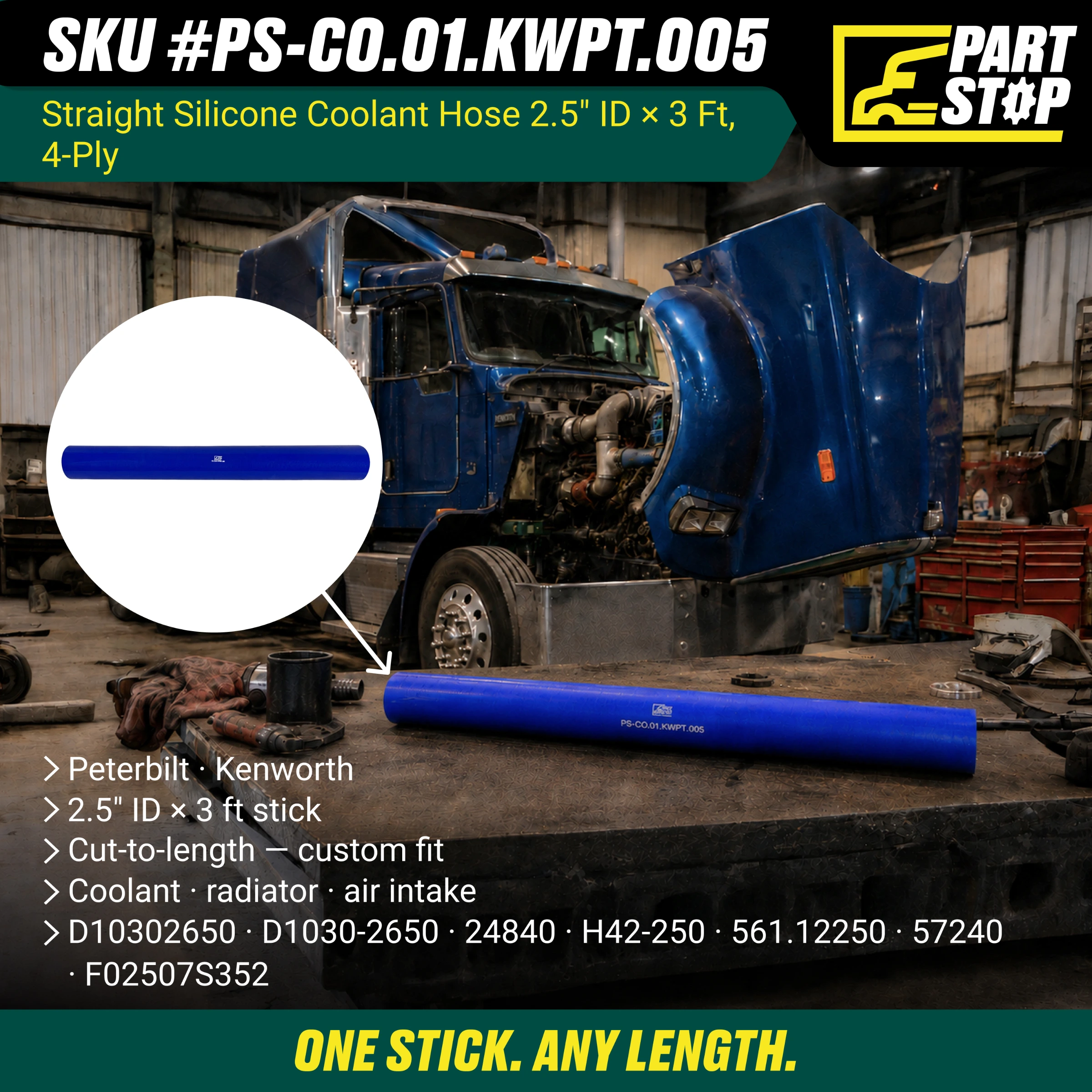 Straight Silicone Coolant Hose - 2.5" ID x 3ft Stick - 4-Ply Reinforced - Fits Kenworth & Peterbilt F02507S352 — infographic