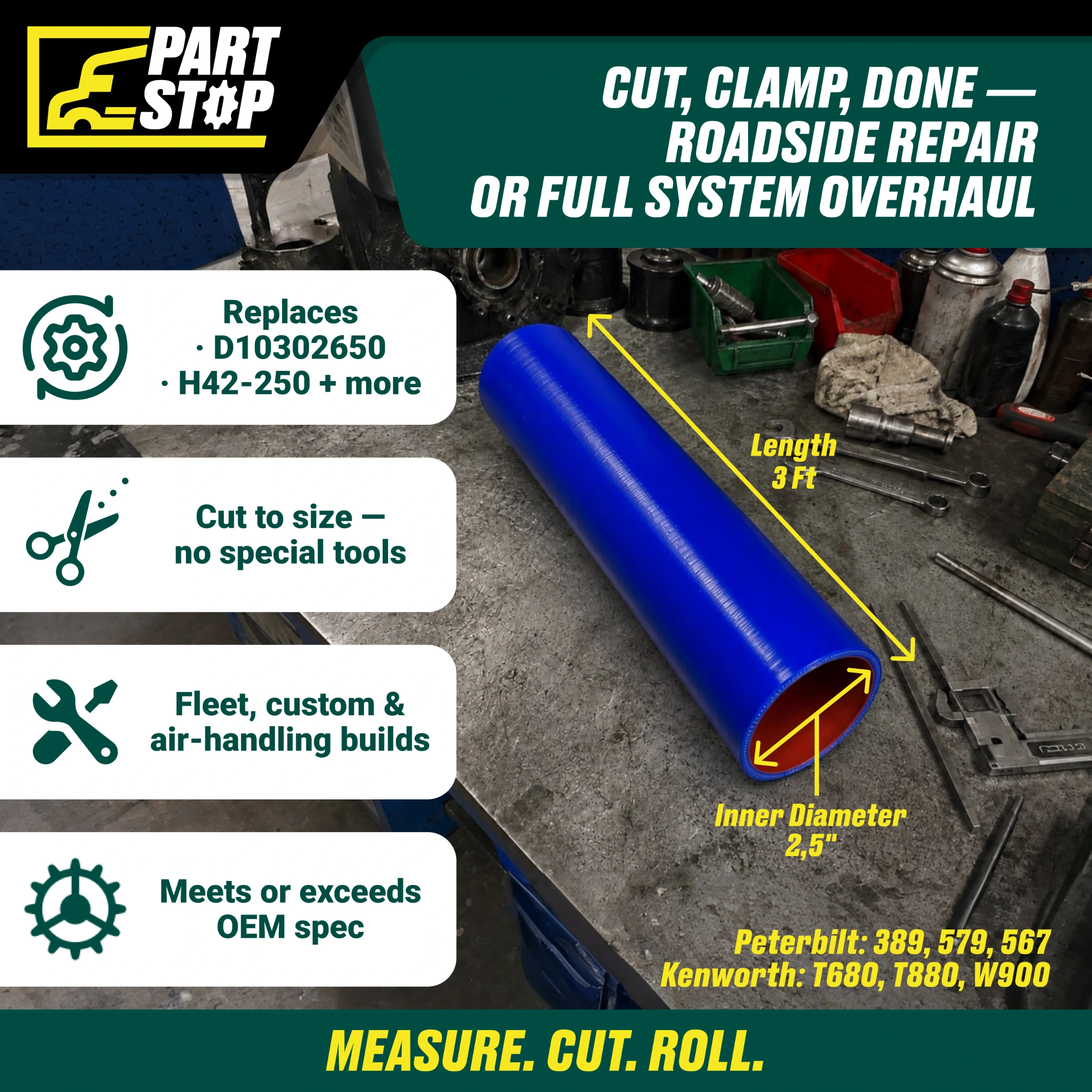 Straight Silicone Coolant Hose - 2.5" ID x 3ft Stick - 4-Ply Reinforced - Fits Kenworth & Peterbilt F02507S352 — infographic