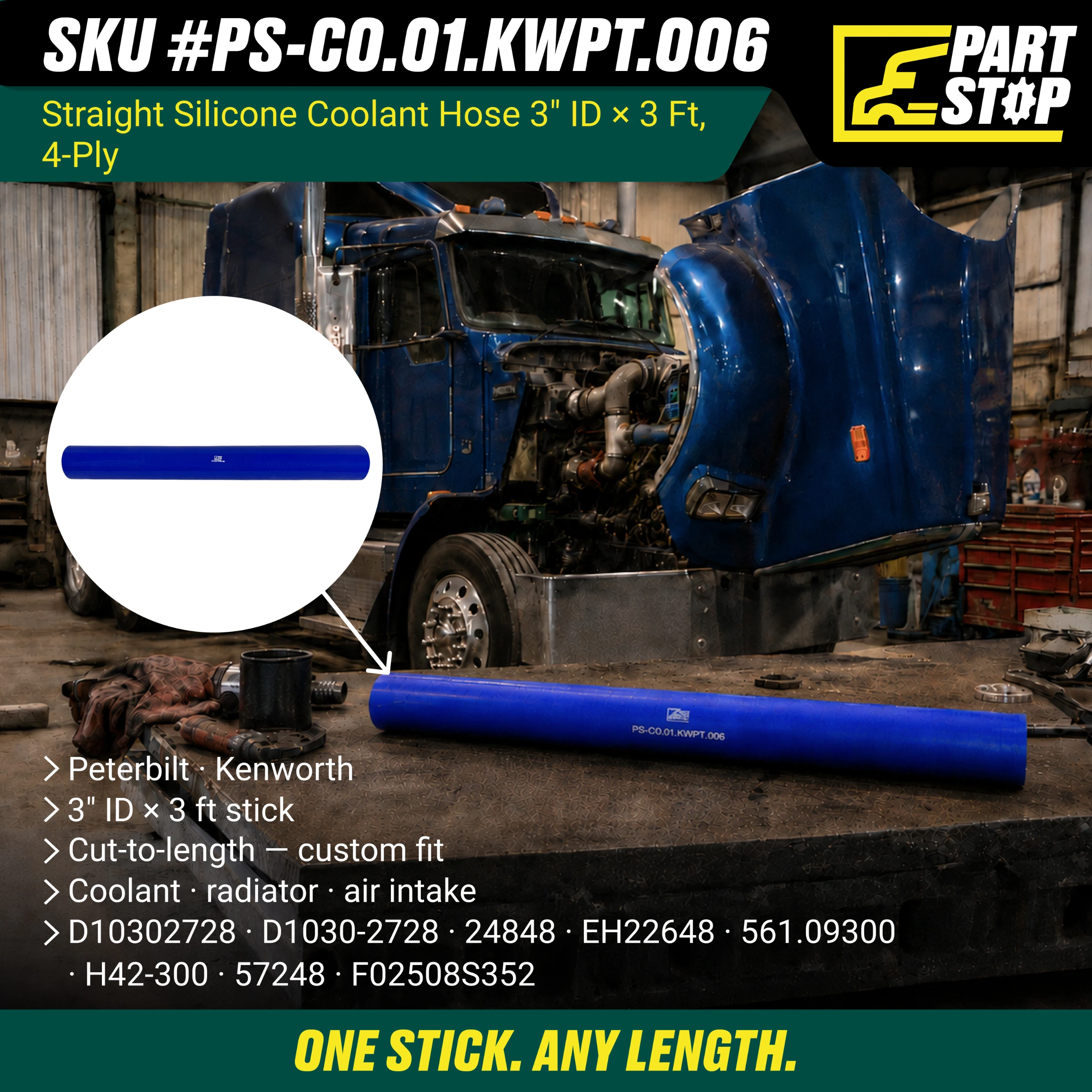Straight Silicone Coolant Hose - 3" ID x 3ft Stick - 4-Ply Reinforced - Fits Kenworth & Peterbilt F02508S352 — infographic