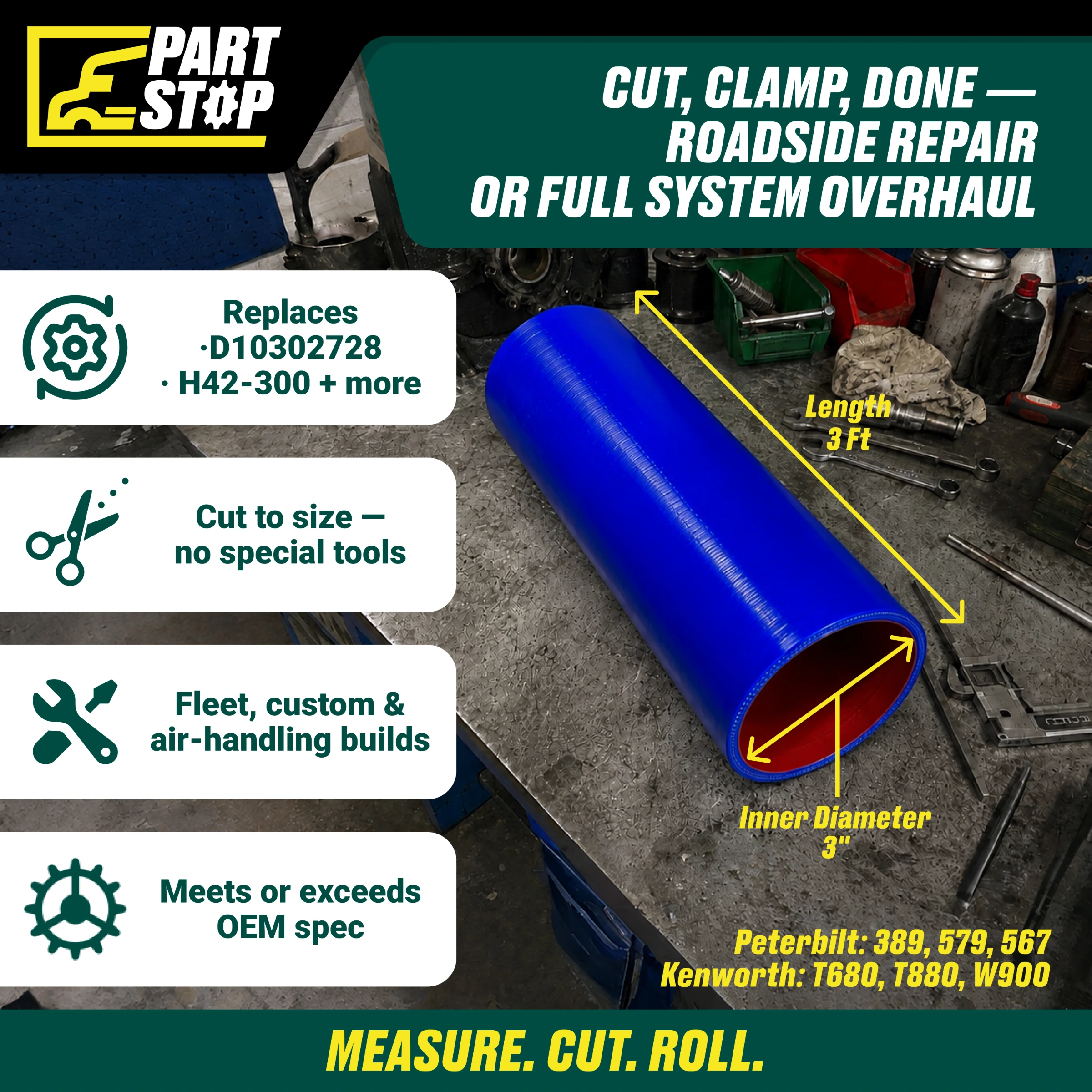 Straight Silicone Coolant Hose - 3" ID x 3ft Stick - 4-Ply Reinforced - Fits Kenworth & Peterbilt F02508S352 — infographic