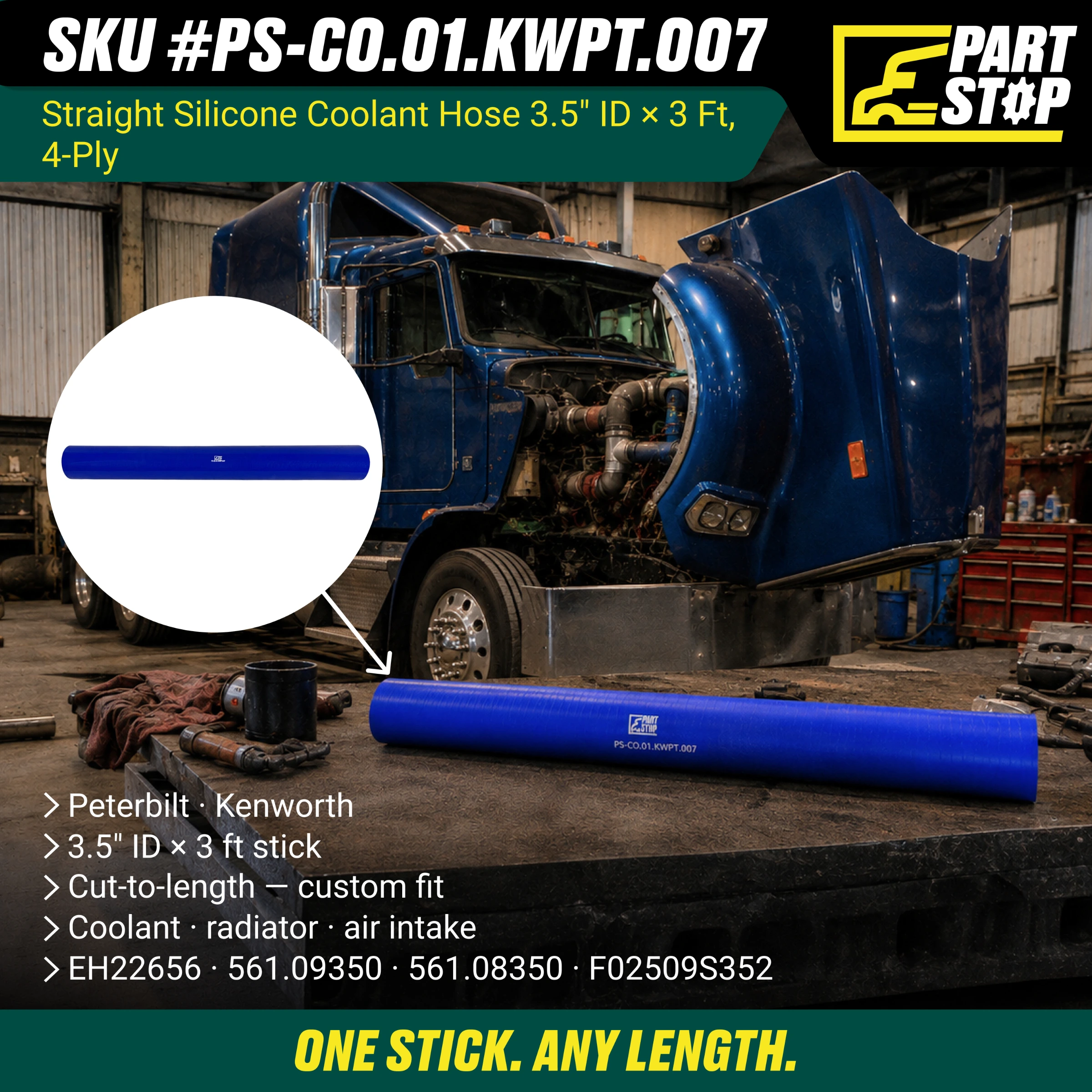 Straight Silicone Coolant Hose - 3.5" ID x 3ft Stick - 4-Ply Reinforced - Fits Kenworth & Peterbilt F02509S352 — infographic