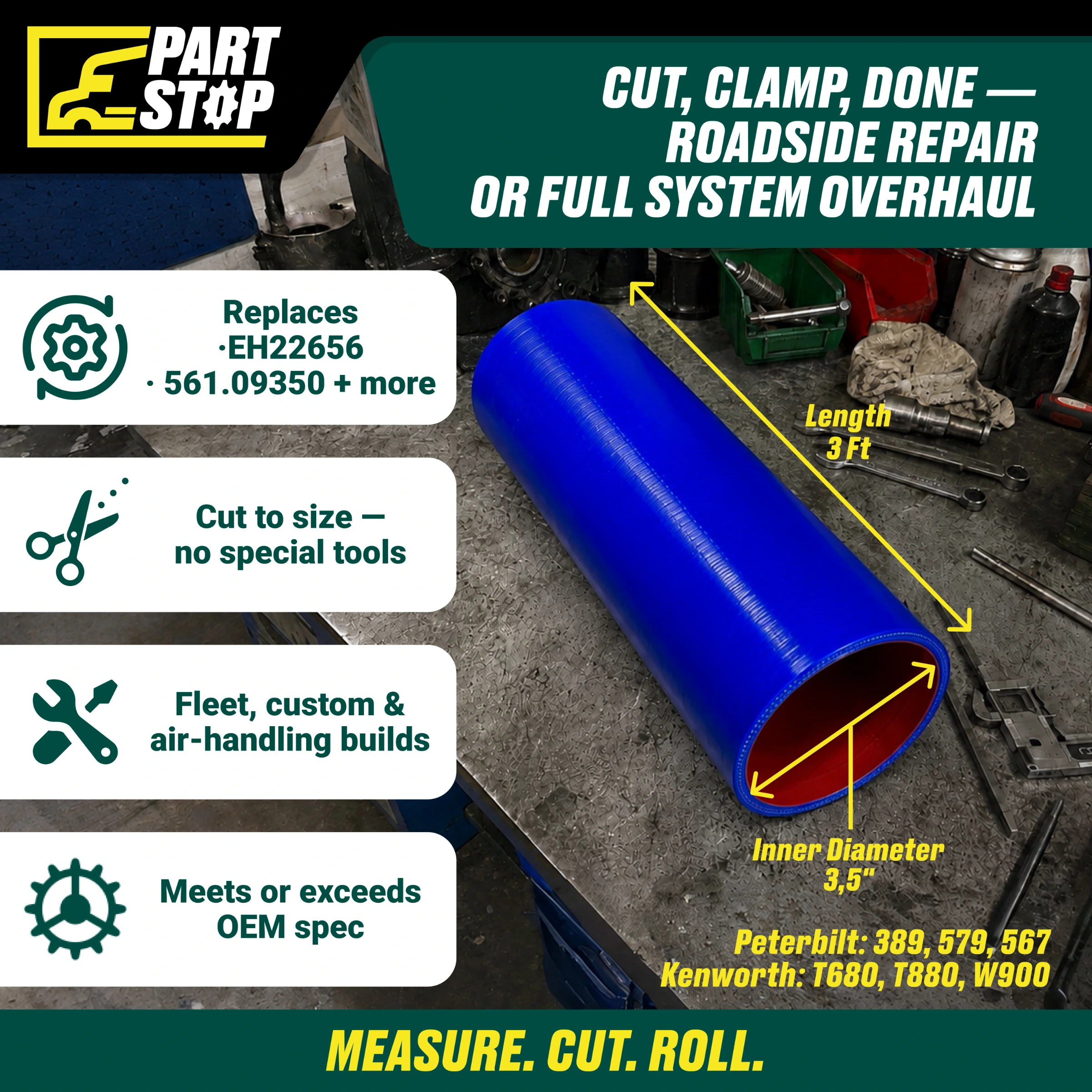 Straight Silicone Coolant Hose - 3.5" ID x 3ft Stick - 4-Ply Reinforced - Fits Kenworth & Peterbilt F02509S352 — infographic