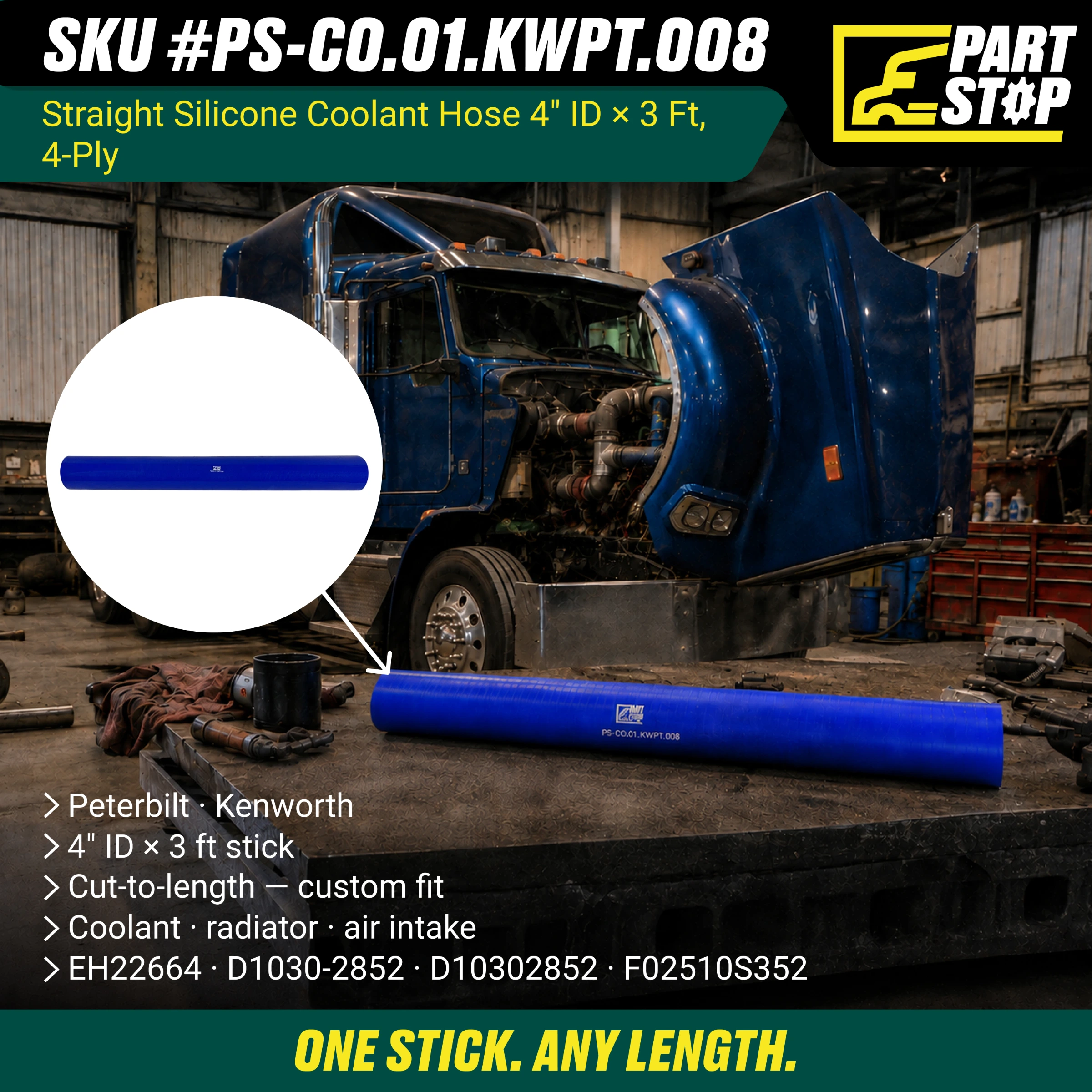 Straight Silicone Coolant Hose - 4" ID x 3ft Stick - 4-Ply Reinforced - Fits Kenworth & Peterbilt F02510S352 — infographic