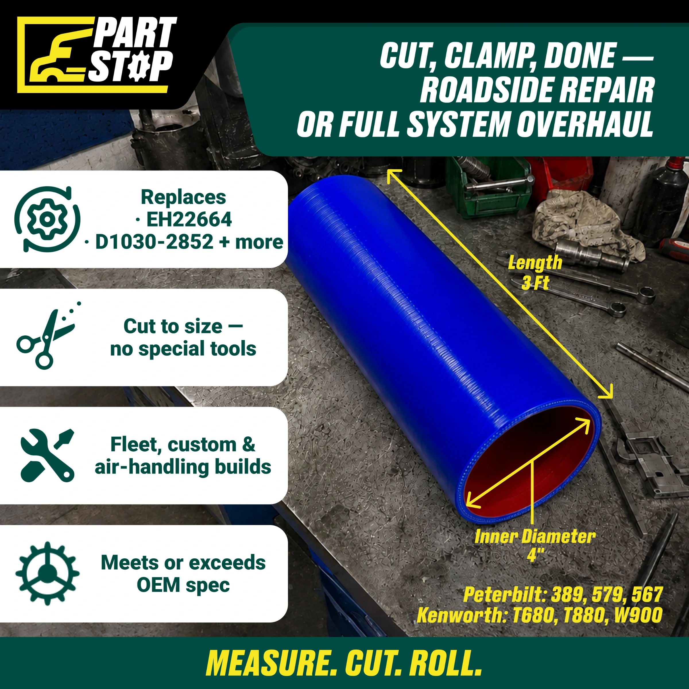 Straight Silicone Coolant Hose - 4" ID x 3ft Stick - 4-Ply Reinforced - Fits Kenworth & Peterbilt F02510S352 — infographic