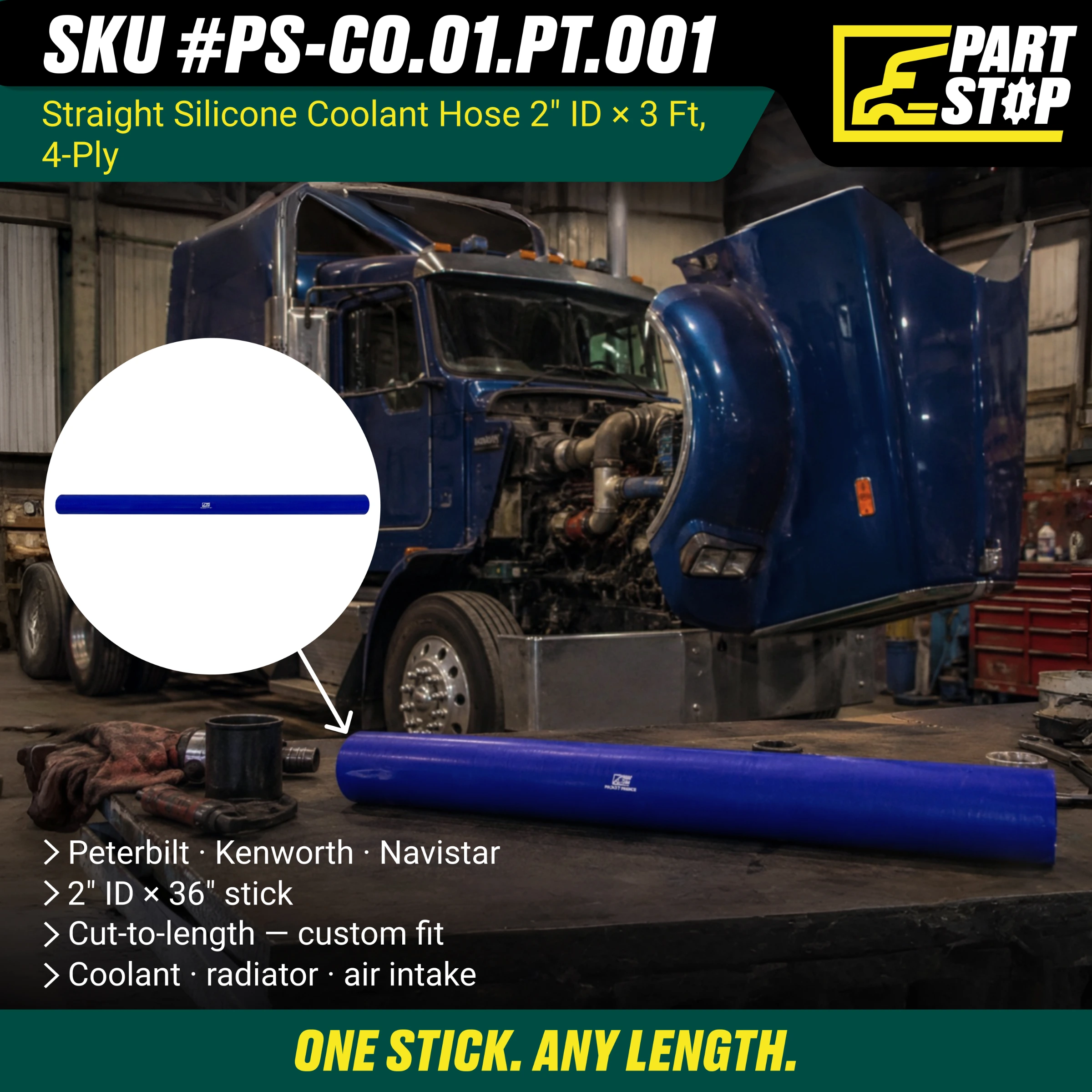 Straight Silicone Coolant Hose - 2" ID x 3ft Stick - 4-Ply Reinforced - Fits Kenworth, Peterbilt & Navistar F02505S352 — infographic