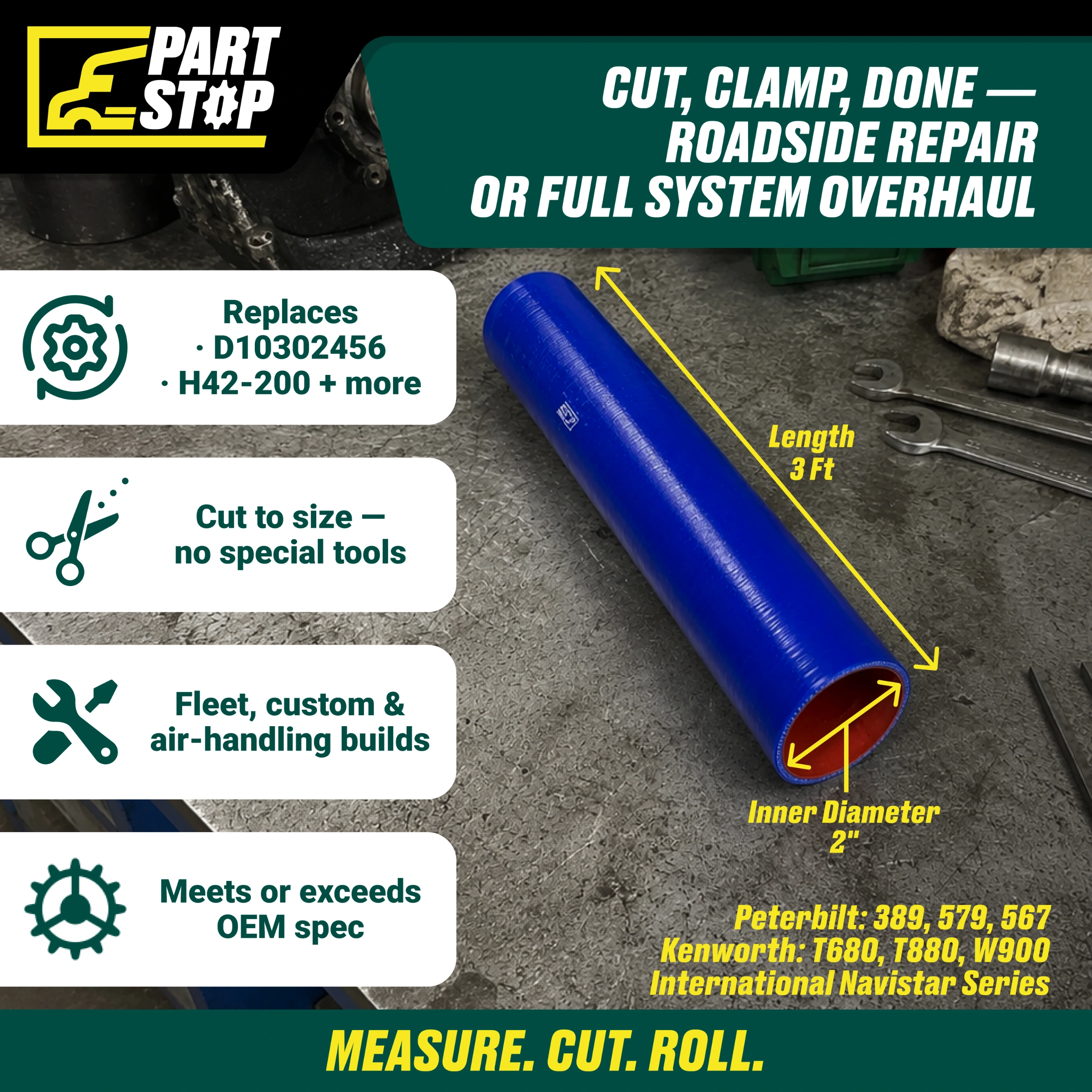 Straight Silicone Coolant Hose - 2" ID x 3ft Stick - 4-Ply Reinforced - Fits Kenworth, Peterbilt & Navistar F02505S352 — infographic