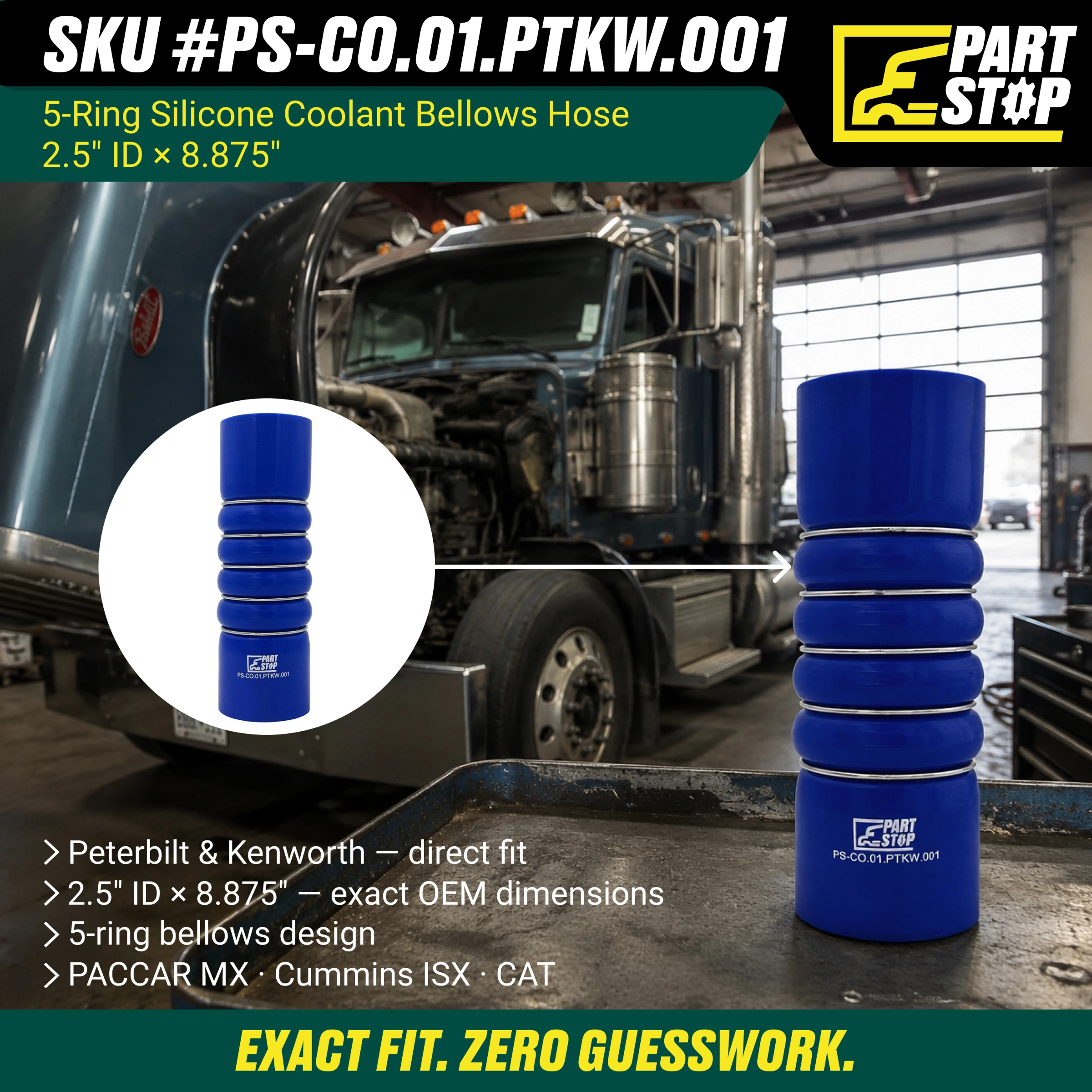 5-Ring Silicone Coolant Hose Replaces F50-6308, F506308, 28359 - 2.5" ID x 8.875" Length - Fits Peterbilt & Kenworth — infographic