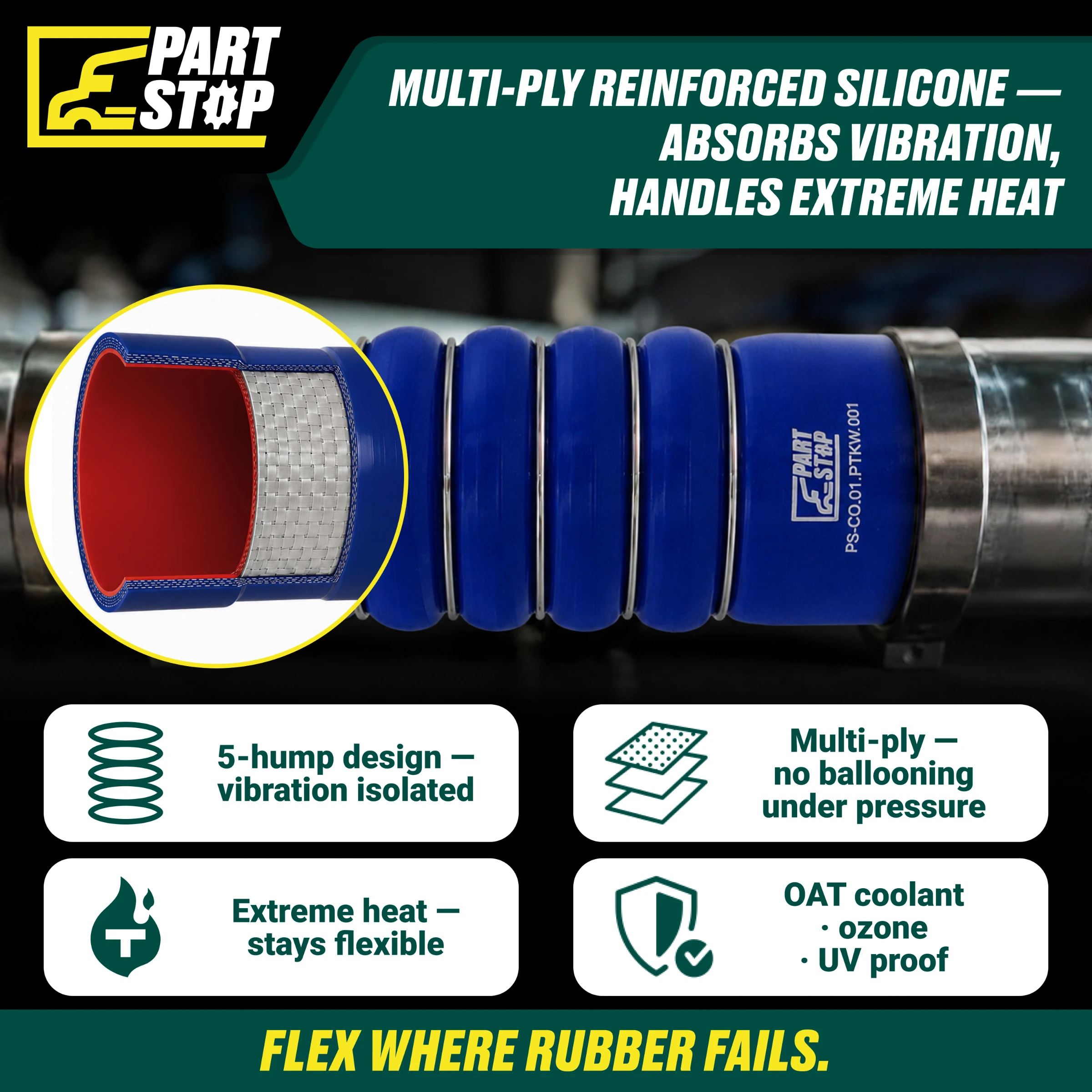 5-Ring Silicone Coolant Hose Replaces F50-6308, F506308, 28359 - 2.5" ID x 8.875" Length - Fits Peterbilt & Kenworth — infographic