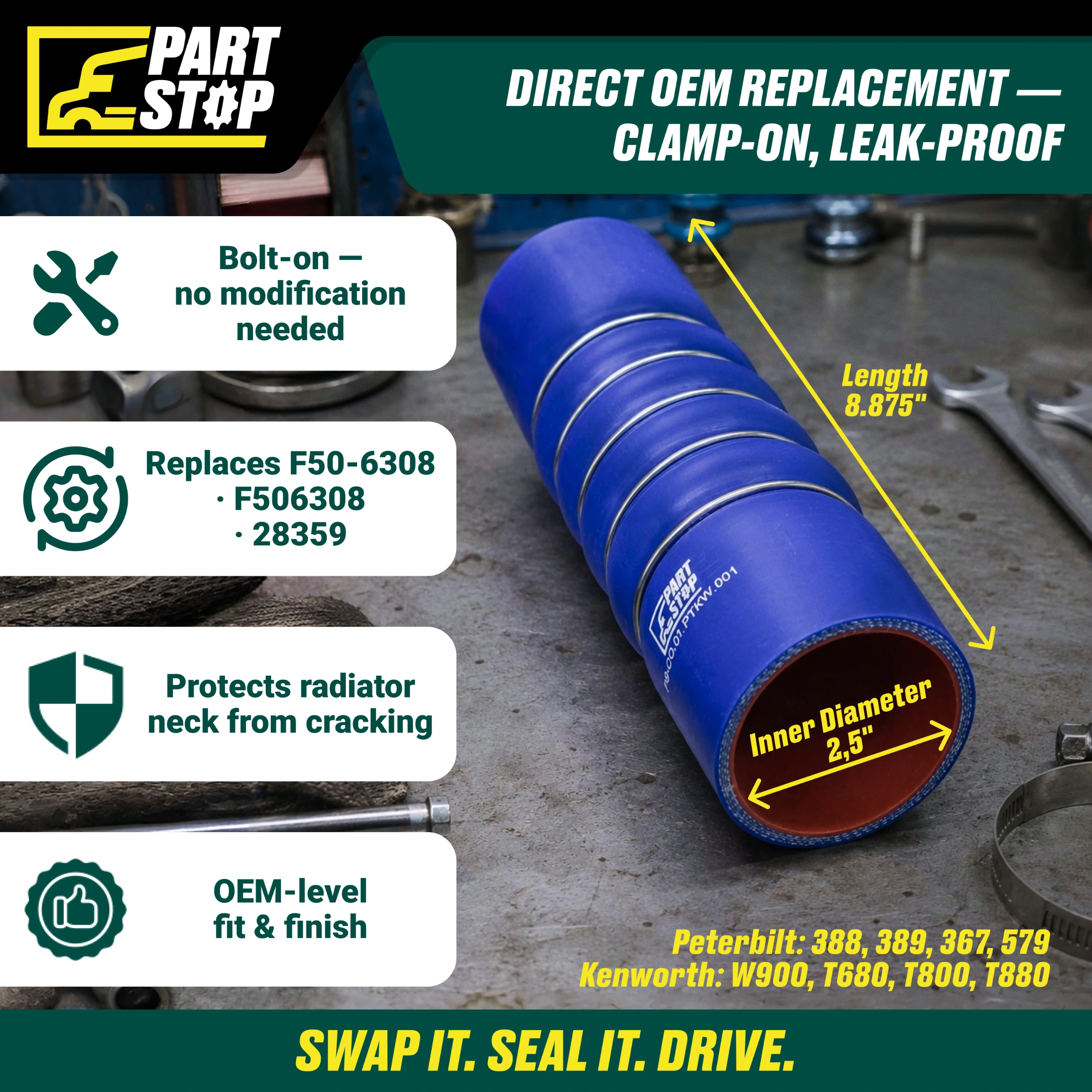 5-Ring Silicone Coolant Hose Replaces F50-6308, F506308, 28359 - 2.5" ID x 8.875" Length - Fits Peterbilt & Kenworth — infographic