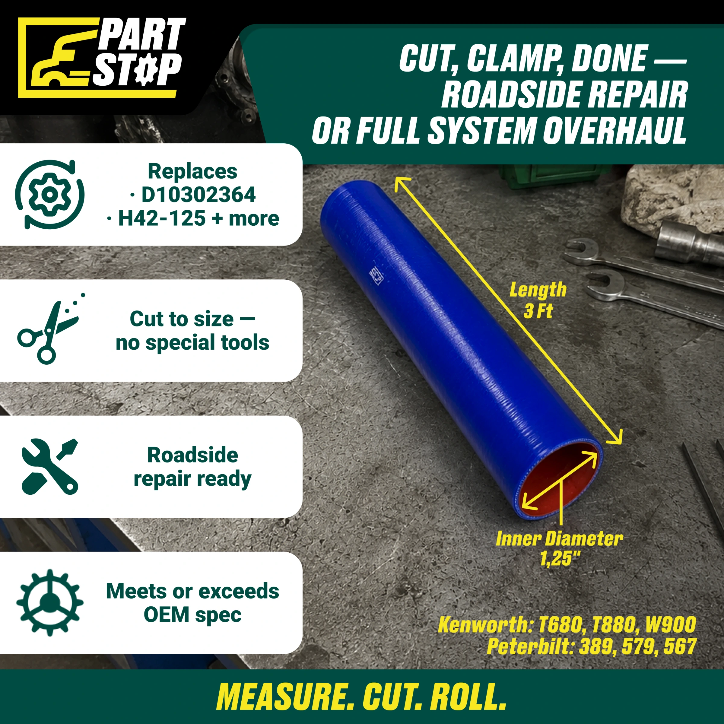 Straight Silicone Coolant Hose - 1.25" ID x 3ft Stick - 4-Ply Reinforced - Fits Kenworth & Peterbilt F02502S352 — infographic