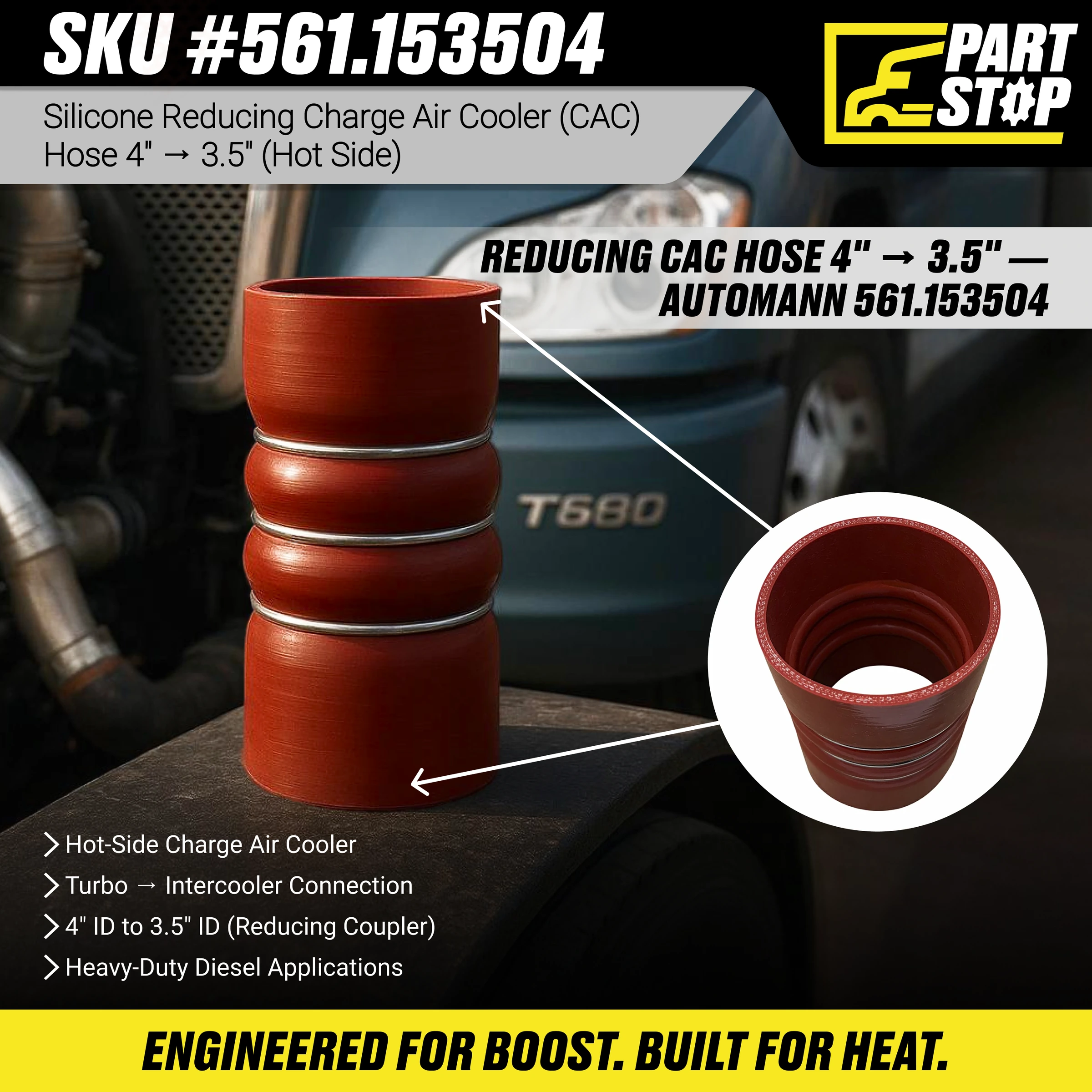 Hose Hot Air Charge 3.5-4 ID Fits Kenworth Fits Peterbilt D10298820 , 561.15350400 — infographic