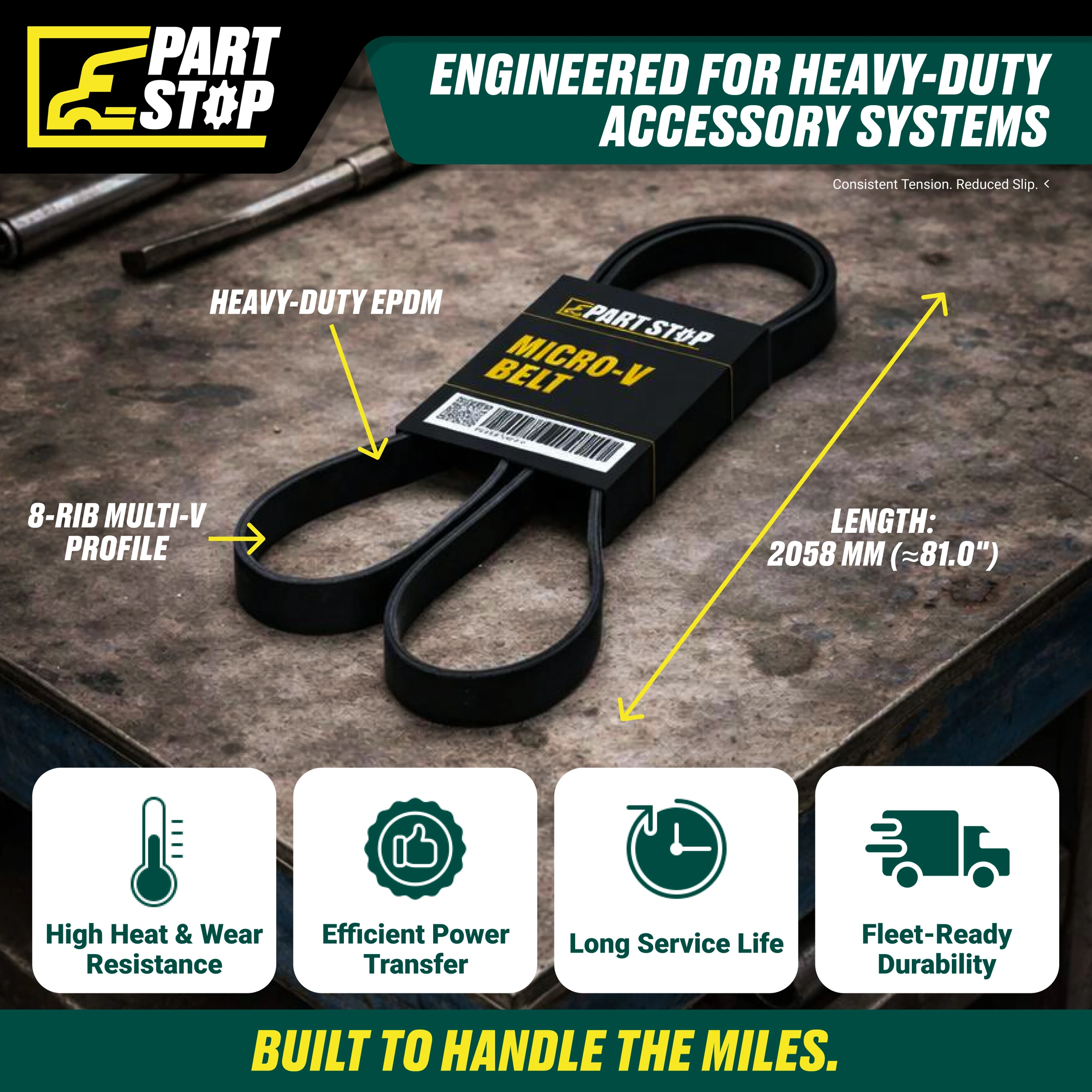 4940003  Belt 8-Rib 81" Heavy Duty, GT4080811DF, 3933357, 202952, 5080810, 8K81 — infographic