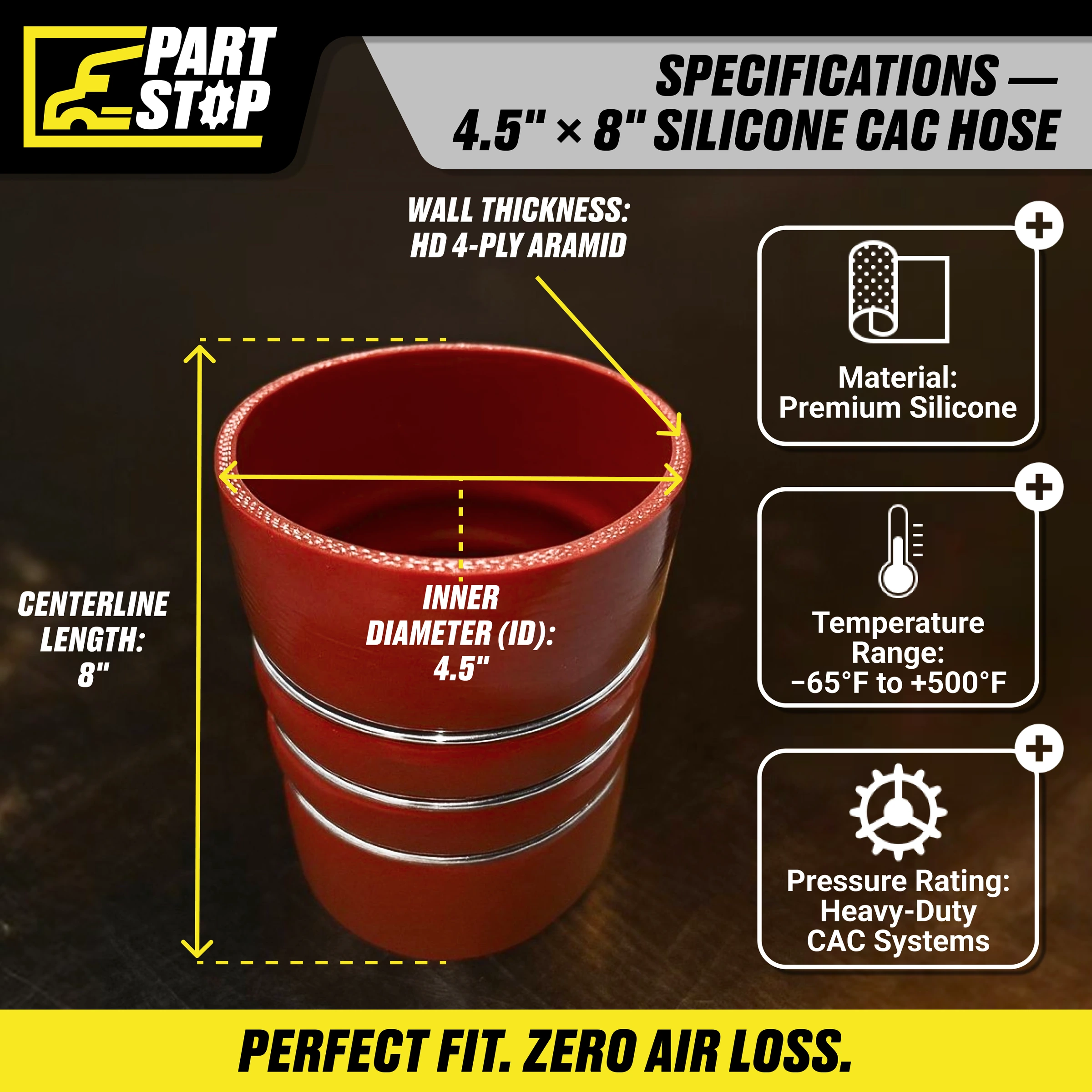 56115450 Silicone CAC Hose – 4.5" x 8" | 4-Ply  , CAC40450X6 , 561.15450 — infographic