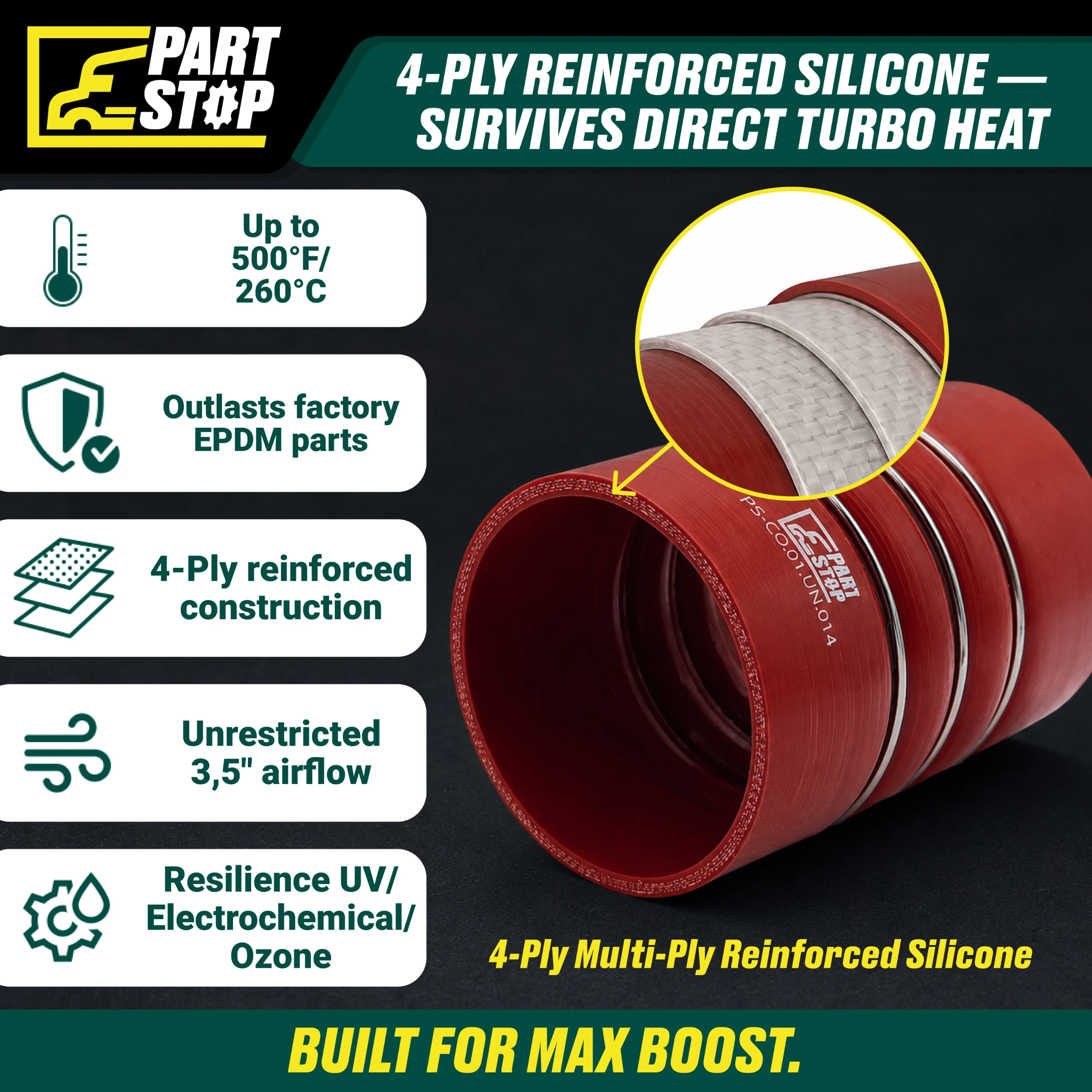 F02479S352 Silicone CAC Hot Charge Air Hose - 3.5" ID x 6" Length - 6805010082 3540332C1 3541592C1 — infographic