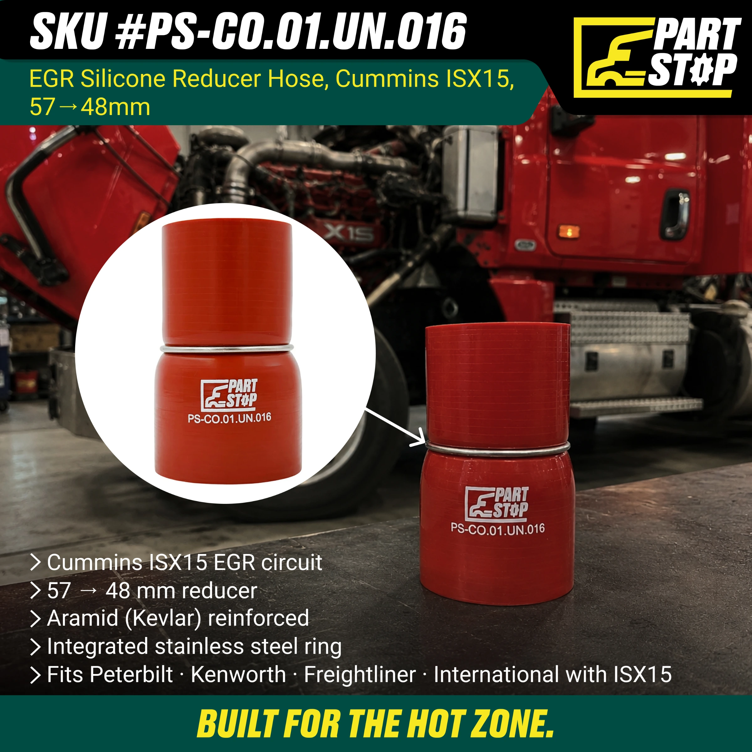 EGR Silicone Reducer Hose for Cummins ISX15 - 57mm to 48mm ID - Aramid Reinforced with Stainless Steel Ring F02486S352 — infographic
