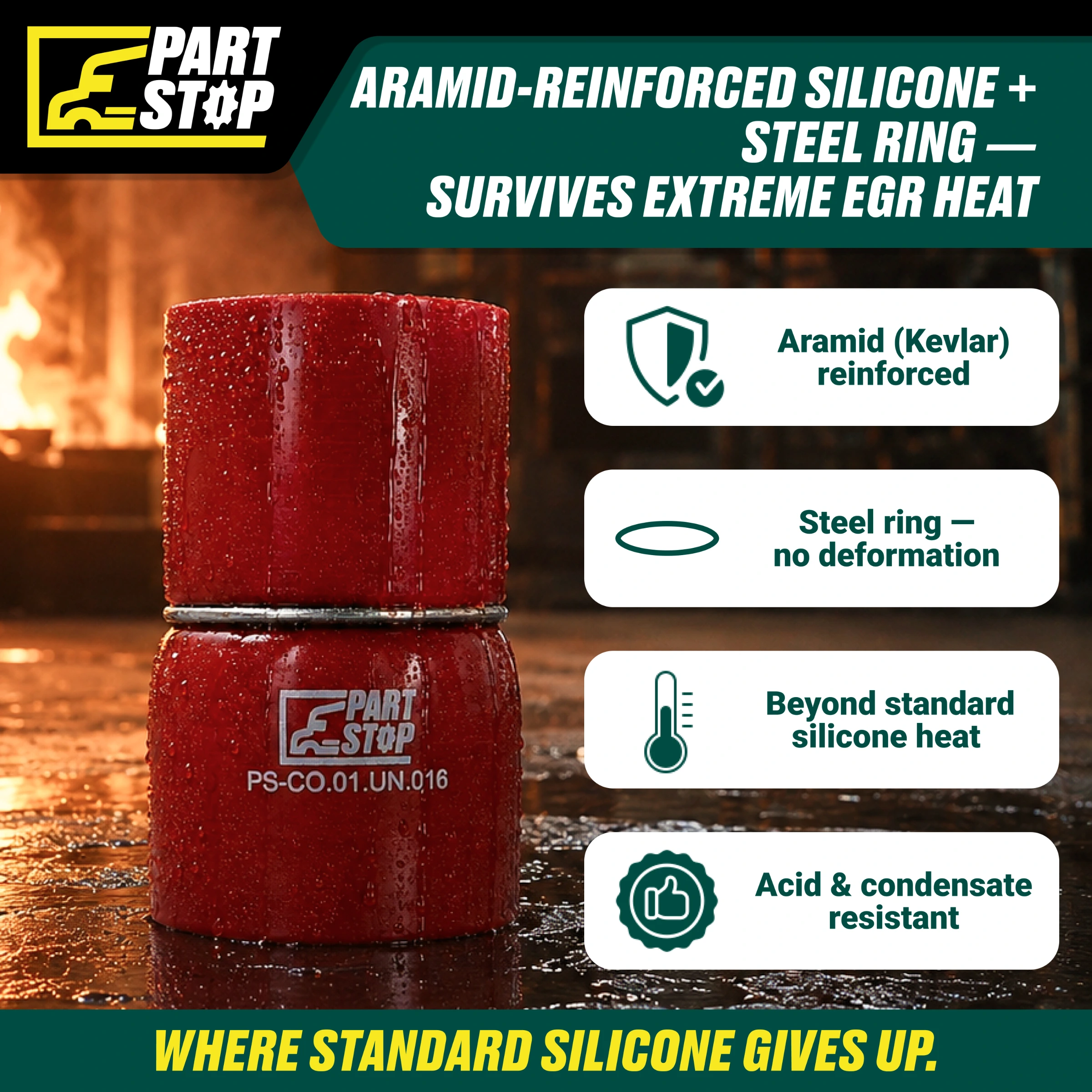 EGR Silicone Reducer Hose for Cummins ISX15 - 57mm to 48mm ID - Aramid Reinforced with Stainless Steel Ring F02486S352 — infographic