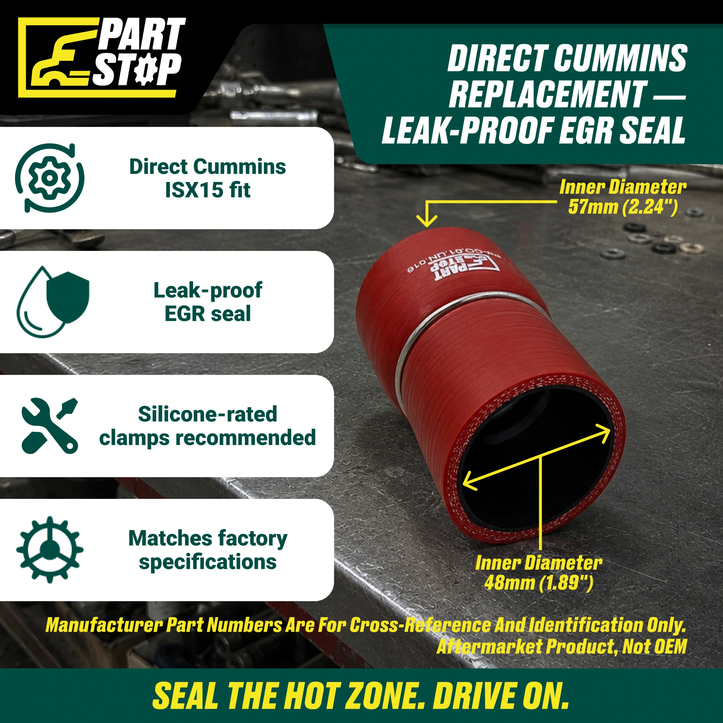 EGR Silicone Reducer Hose for Cummins ISX15 - 57mm to 48mm ID - Aramid Reinforced with Stainless Steel Ring F02486S352 — infographic