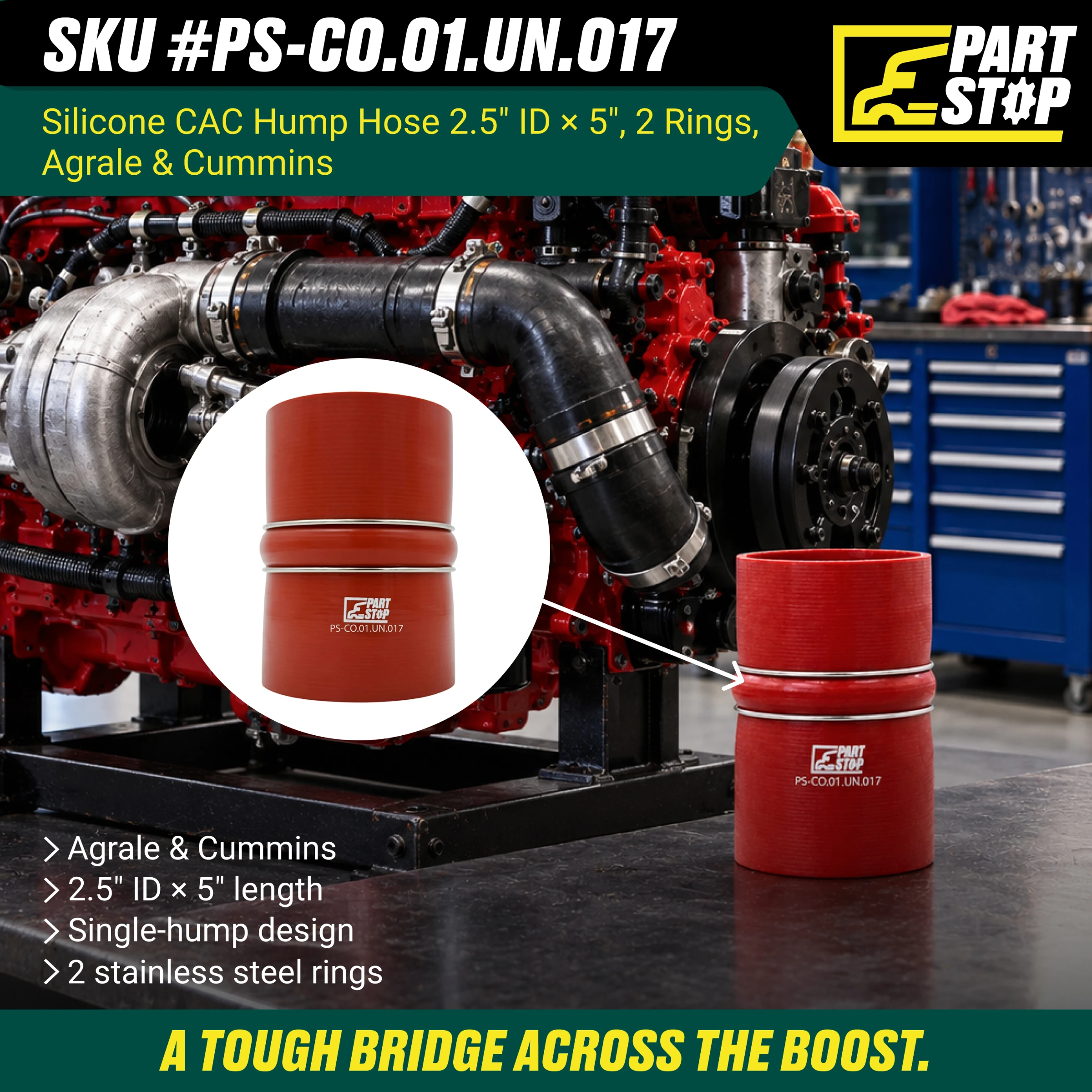 Silicone CAC Hump Hose - 2.5" ID x 5" Length with 2 Stainless Steel Rings - Fits Agrale & Cummins F02487S352 — infographic
