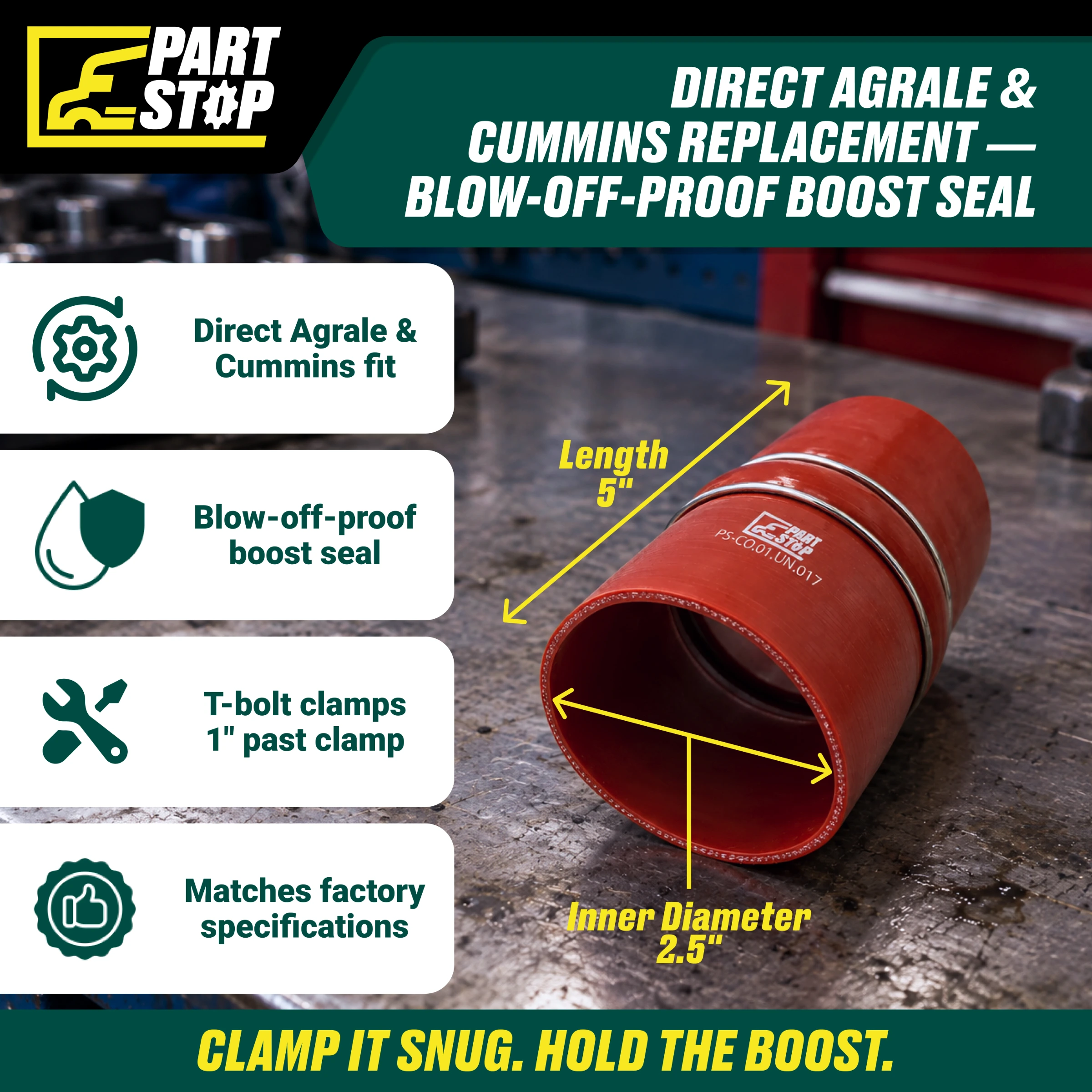 Silicone CAC Hump Hose - 2.5" ID x 5" Length with 2 Stainless Steel Rings - Fits Agrale & Cummins F02487S352 — infographic
