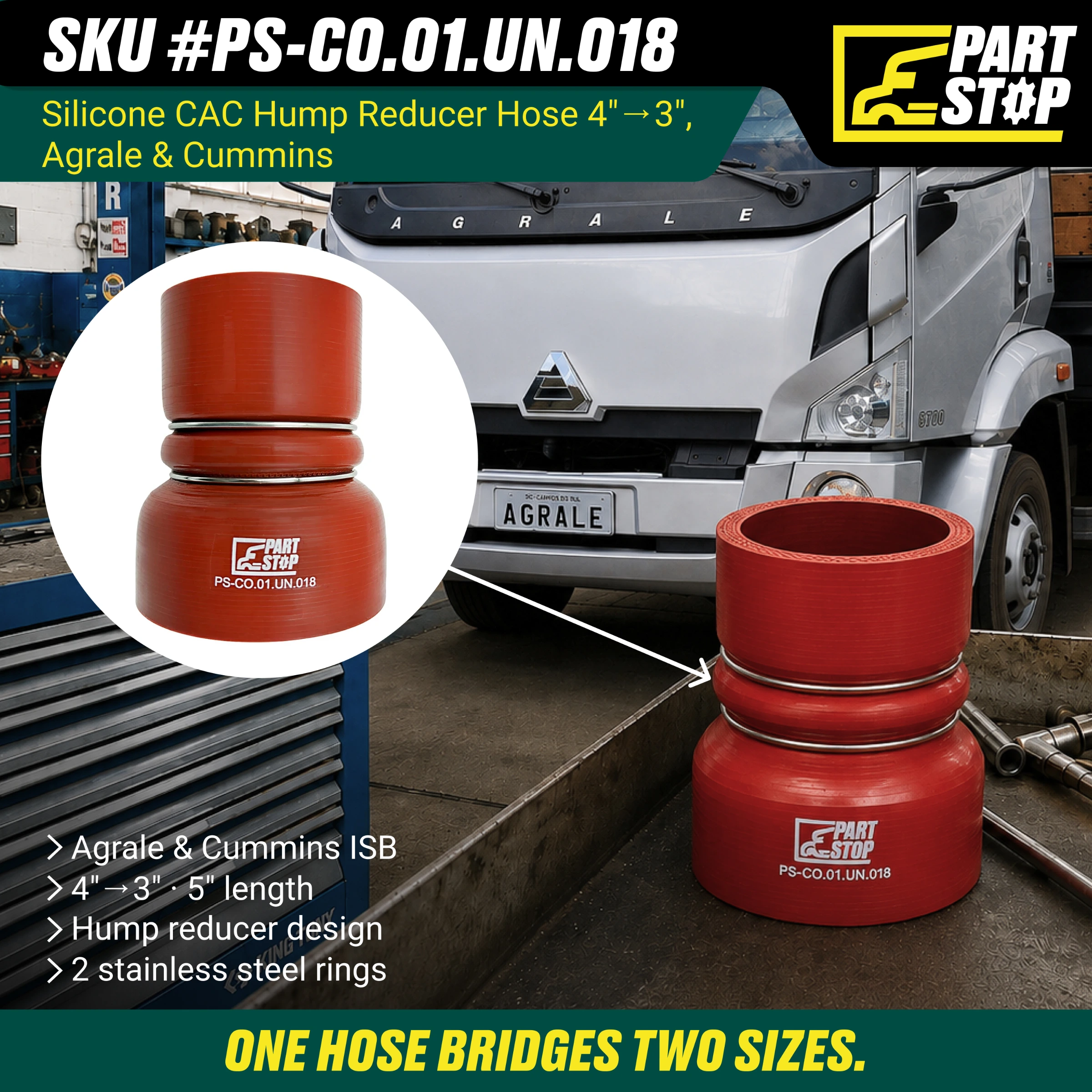 Silicone Hump Reducer Hose - 4" to 3" ID - 5" Length with 2 Stainless Steel Rings - Fits Agrale & Cummins F02488S352 — infographic