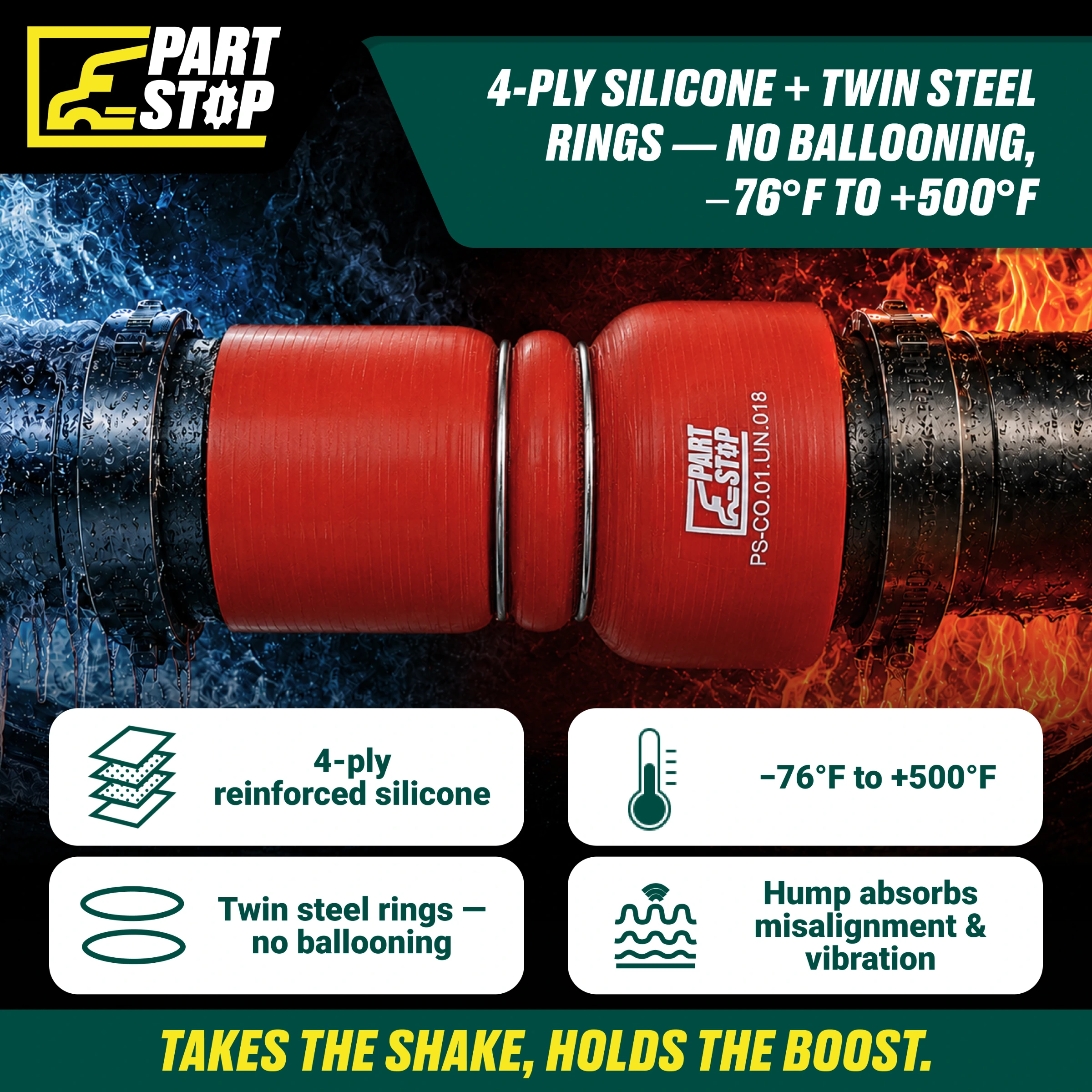 Silicone Hump Reducer Hose - 4" to 3" ID - 5" Length with 2 Stainless Steel Rings - Fits Agrale & Cummins F02488S352 — infographic