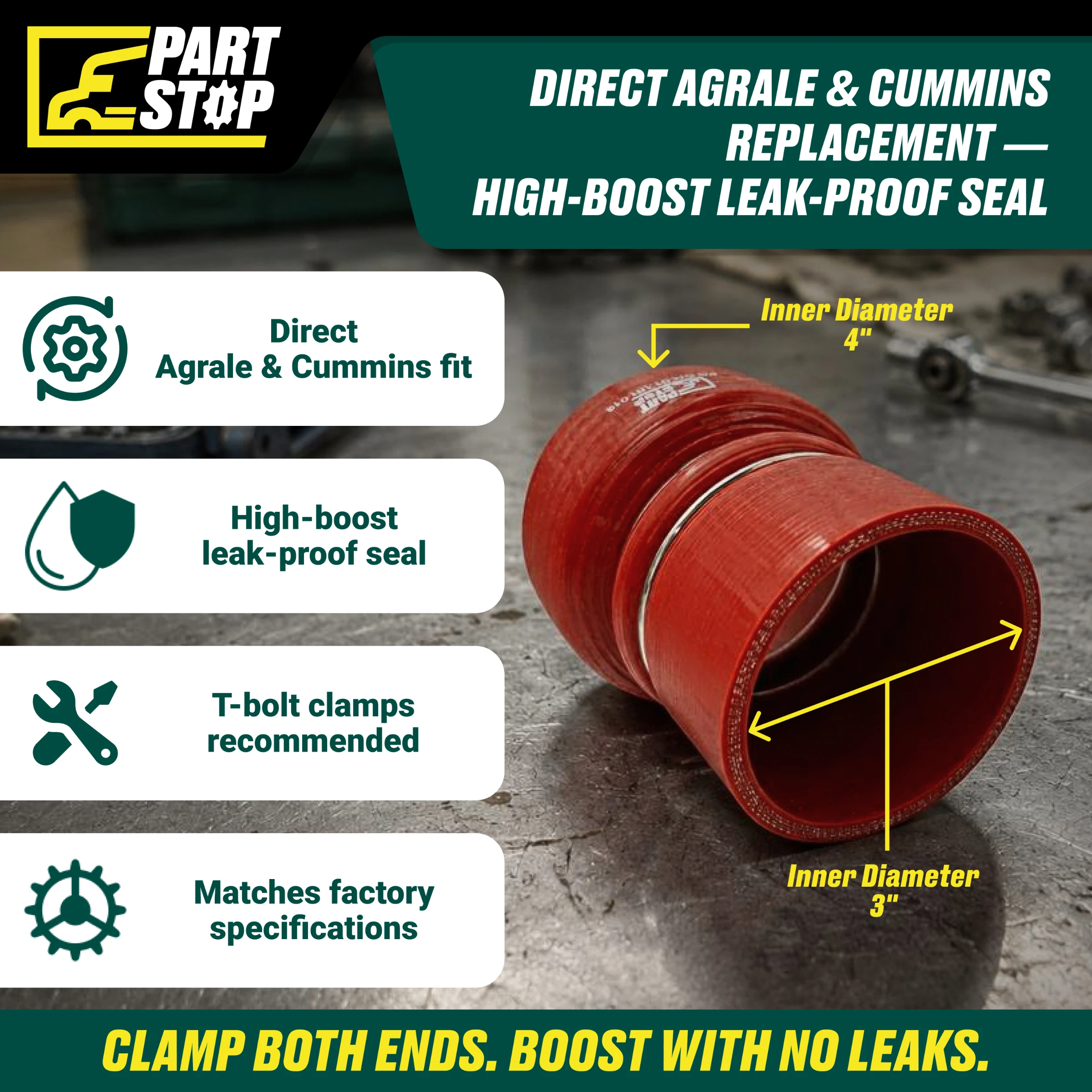 Silicone Hump Reducer Hose - 4" to 3" ID - 5" Length with 2 Stainless Steel Rings - Fits Agrale & Cummins F02488S352 — infographic
