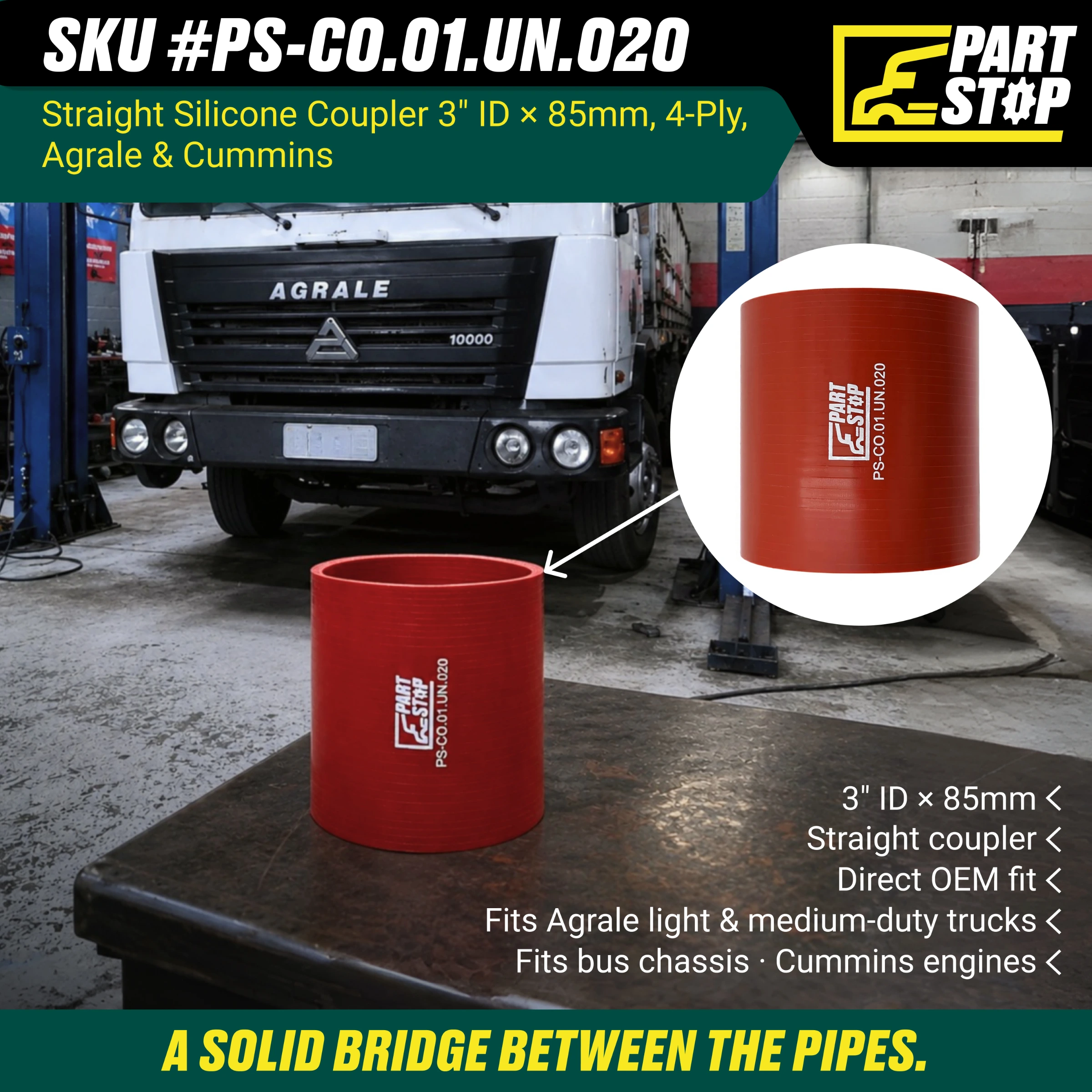 Straight Silicone Hose - 3" ID x 85mm Length - 4-Ply Reinforced - Fits Agrale & Cummins F02490S352 — infographic