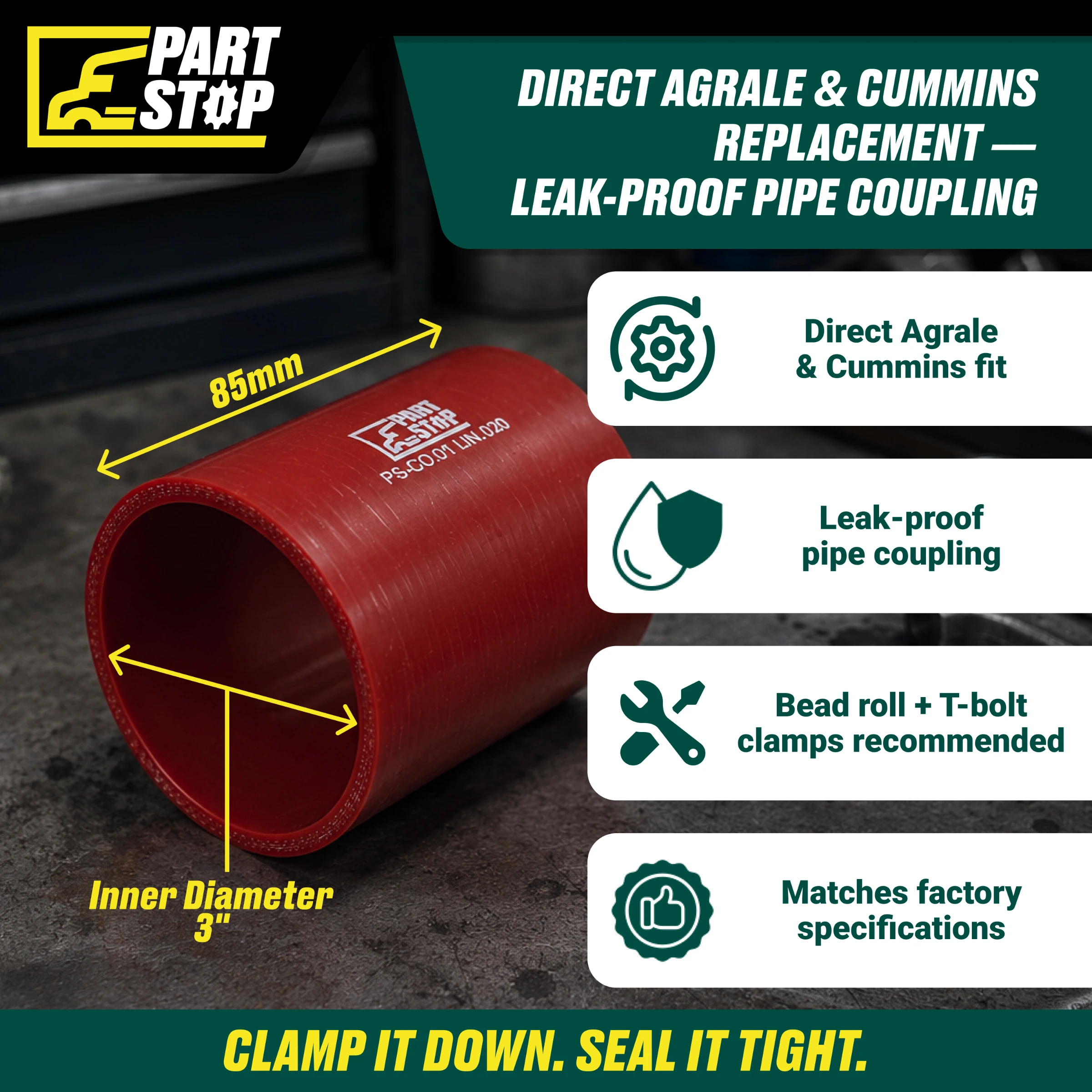 Straight Silicone Hose - 3" ID x 85mm Length - 4-Ply Reinforced - Fits Agrale & Cummins F02490S352 — infographic