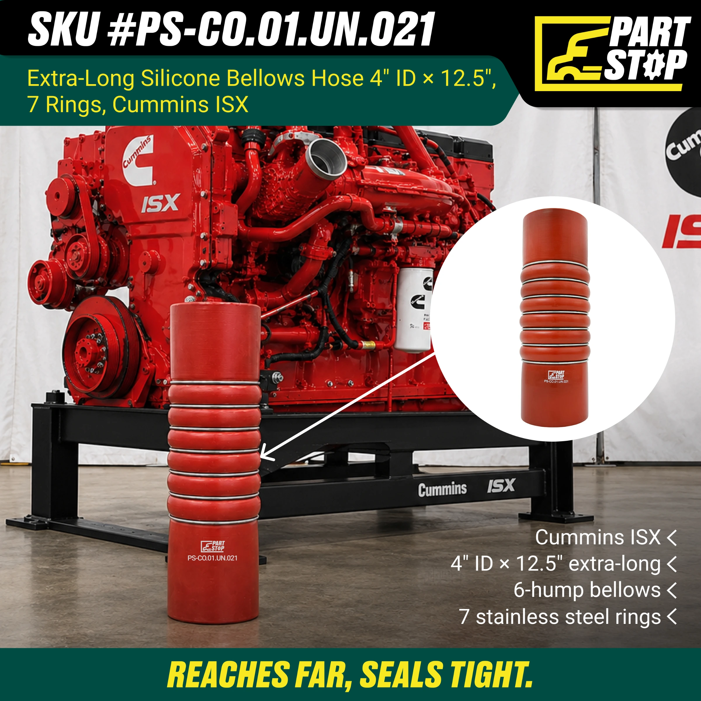 62050112000 2-Pack Extra-Long Silicone Bellows Hose Stainless for Cummins — infographic 1