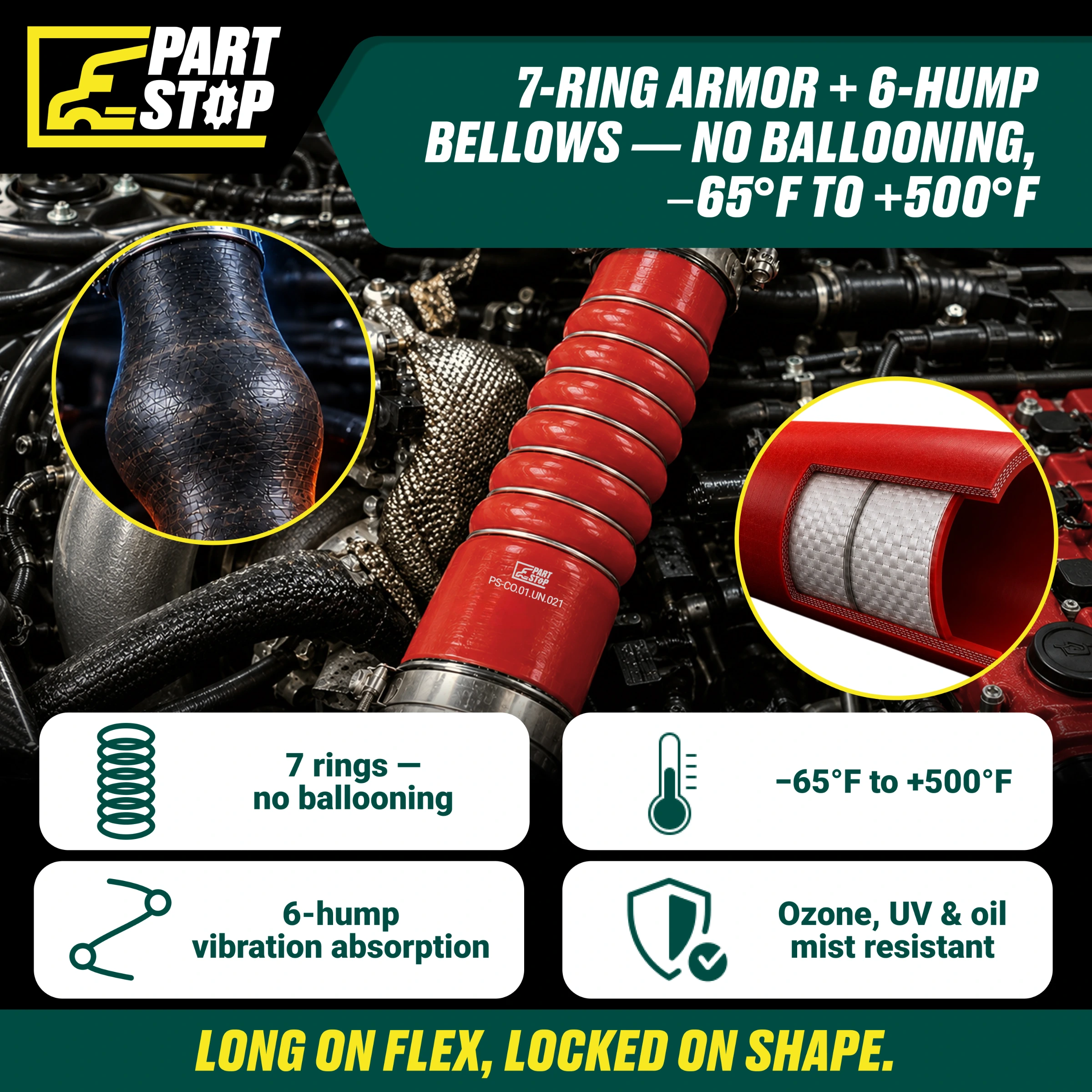 62050112000 2-Pack Extra-Long Silicone Bellows Hose Stainless for Cummins — infographic 2