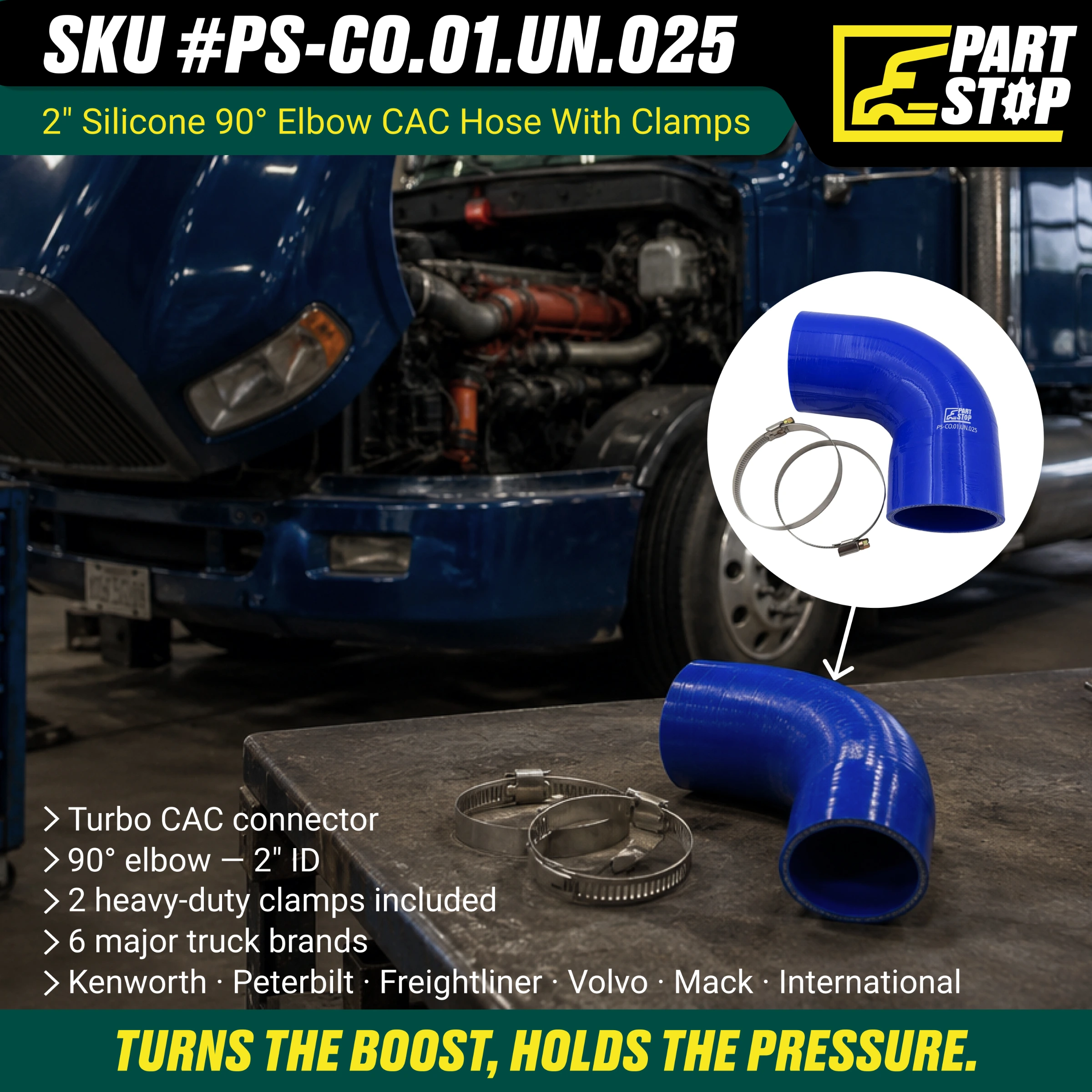 High-Temp 90-Degree Silicone Elbow - 2" ID x 4" Legs - 4-Ply Reinforced - Includes 2 Stainless Steel Clamps F01100S352 — infographic